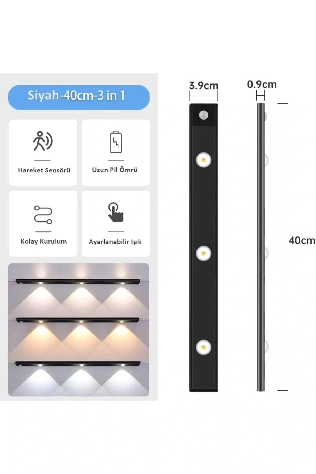 Sensörlü Şarjlı Mıknatıslı 3 Farklı Işık Renkli Dimmerli 40cm Siy