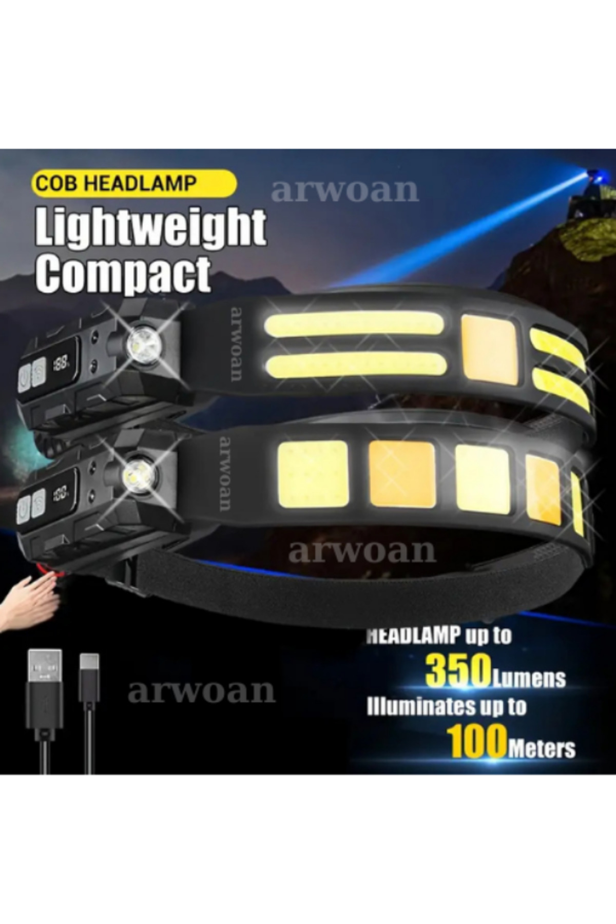 Arwoan Sensörlü Ultra Parlak Led+Cob Baş Şarj Edilebilir Kafa Lambası