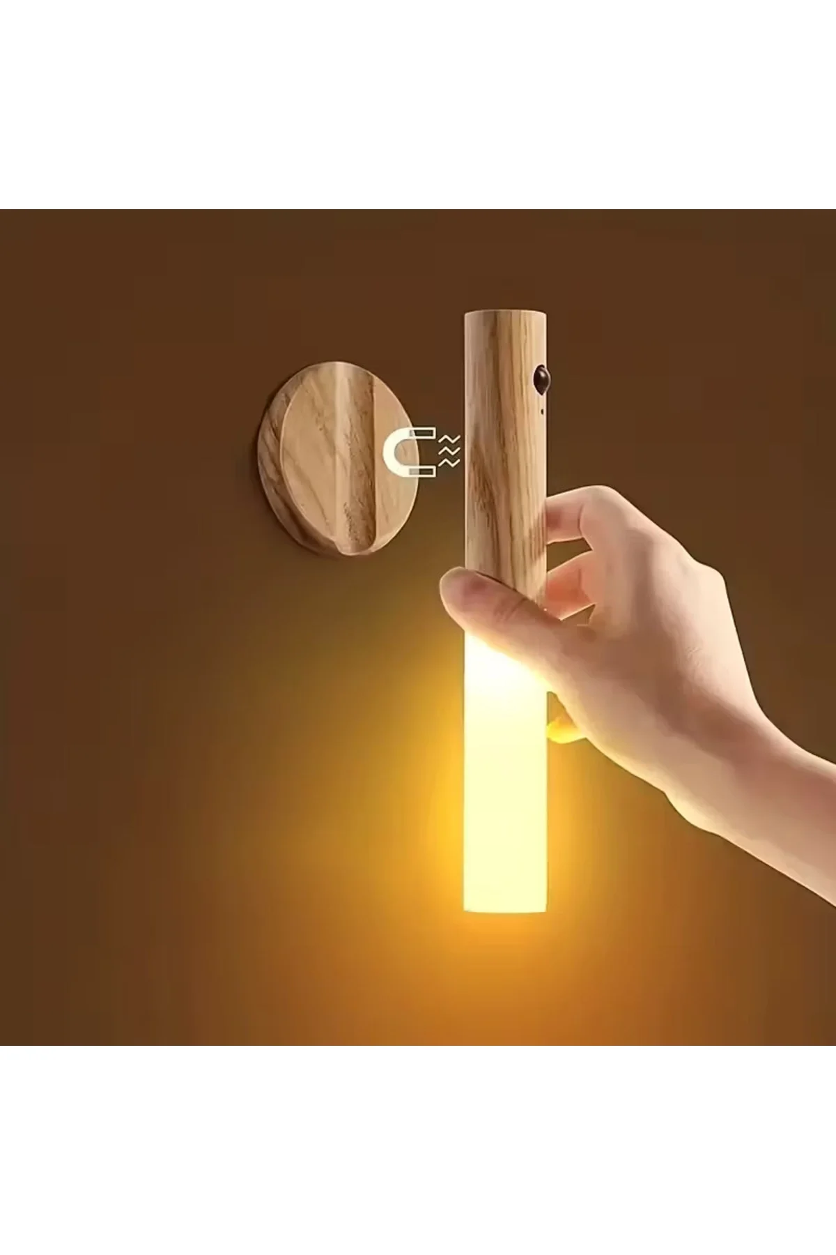 Sensörlü USB Şarjlı Mıknatıslı Taşınabilir Ahşap Görünümlü Duvar Aplik