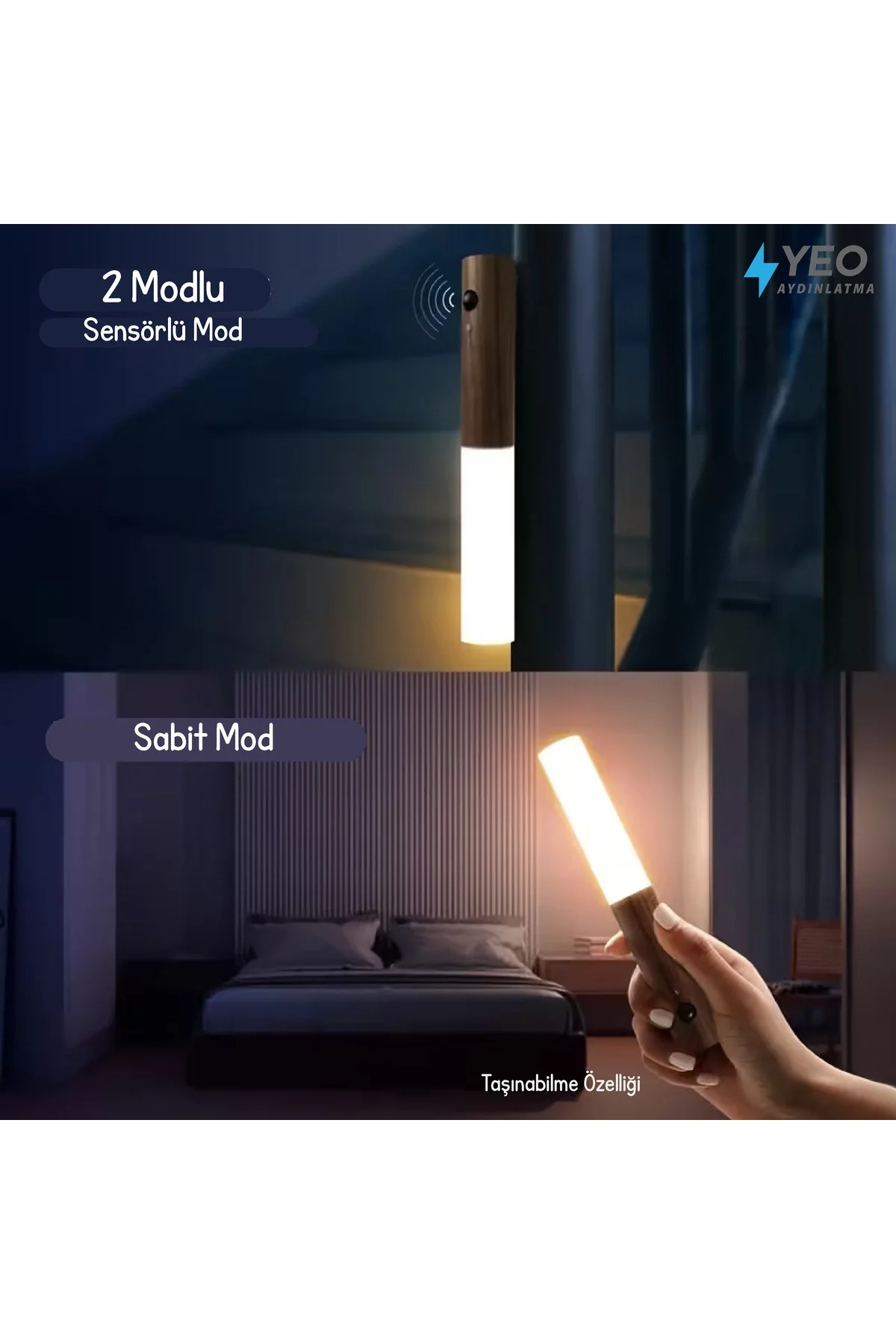 Sensörlü USB Şarjlı Mıknatıslı Taşınabilir Ahşap Görünümlü Duvar Aplik