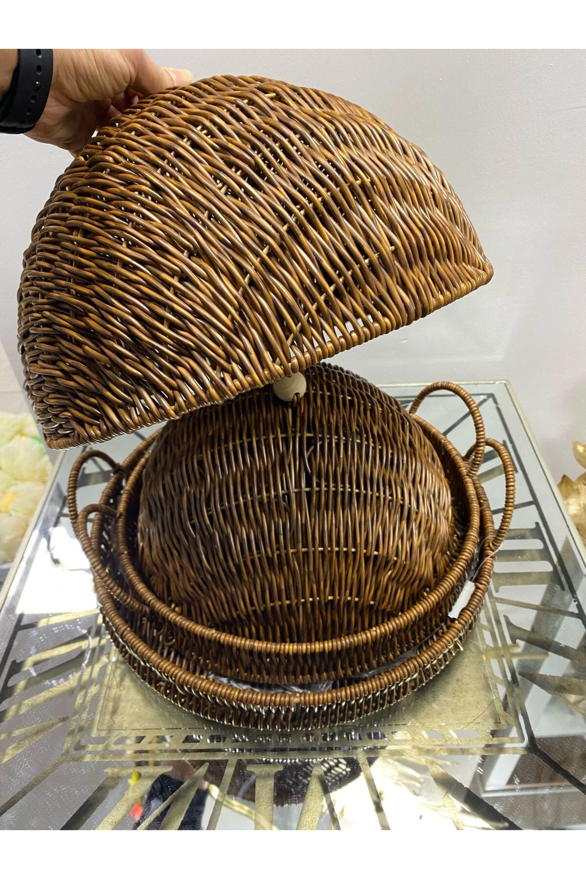 Sentetik Rattan 2 Li Kapaklı Yuvarlak Tepsi Kçk 28*28*14 Byk 33*3