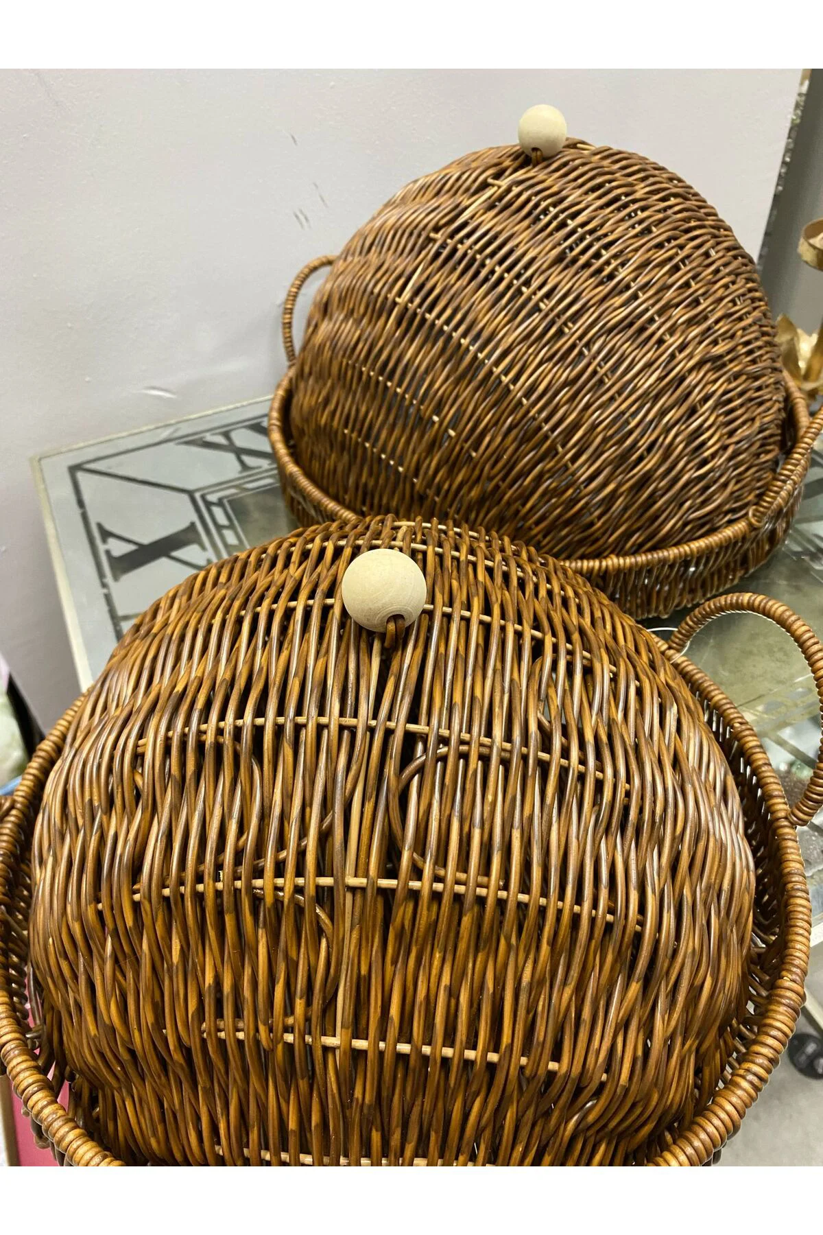 Sentetik Rattan 2 Li Kapaklı Yuvarlak Tepsi Kçk 28*28*14 Byk 33*3