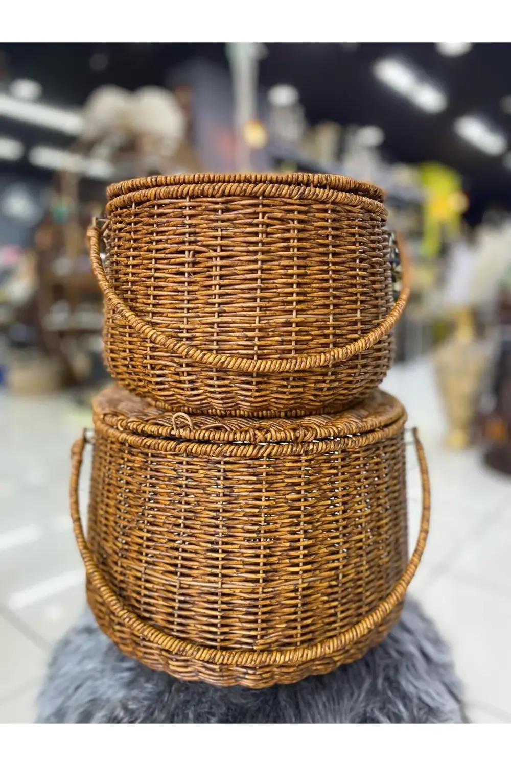 Sentetik Rattan Çift Kulplu 2 Li Çok Amaçlı Sepet