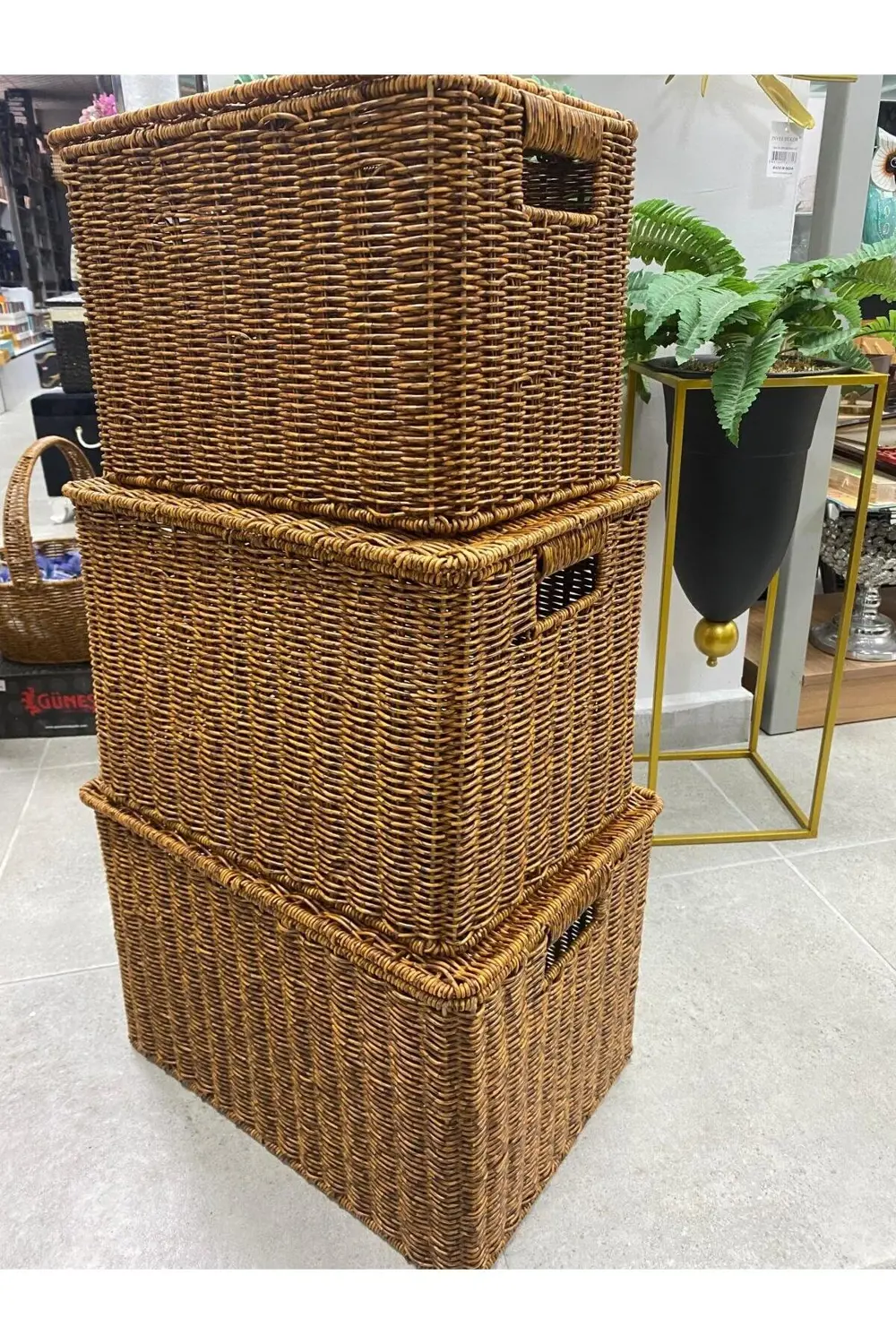 Sentetik Rattan Örme Düzenleyici Kapaklı Sepet 3 Lü