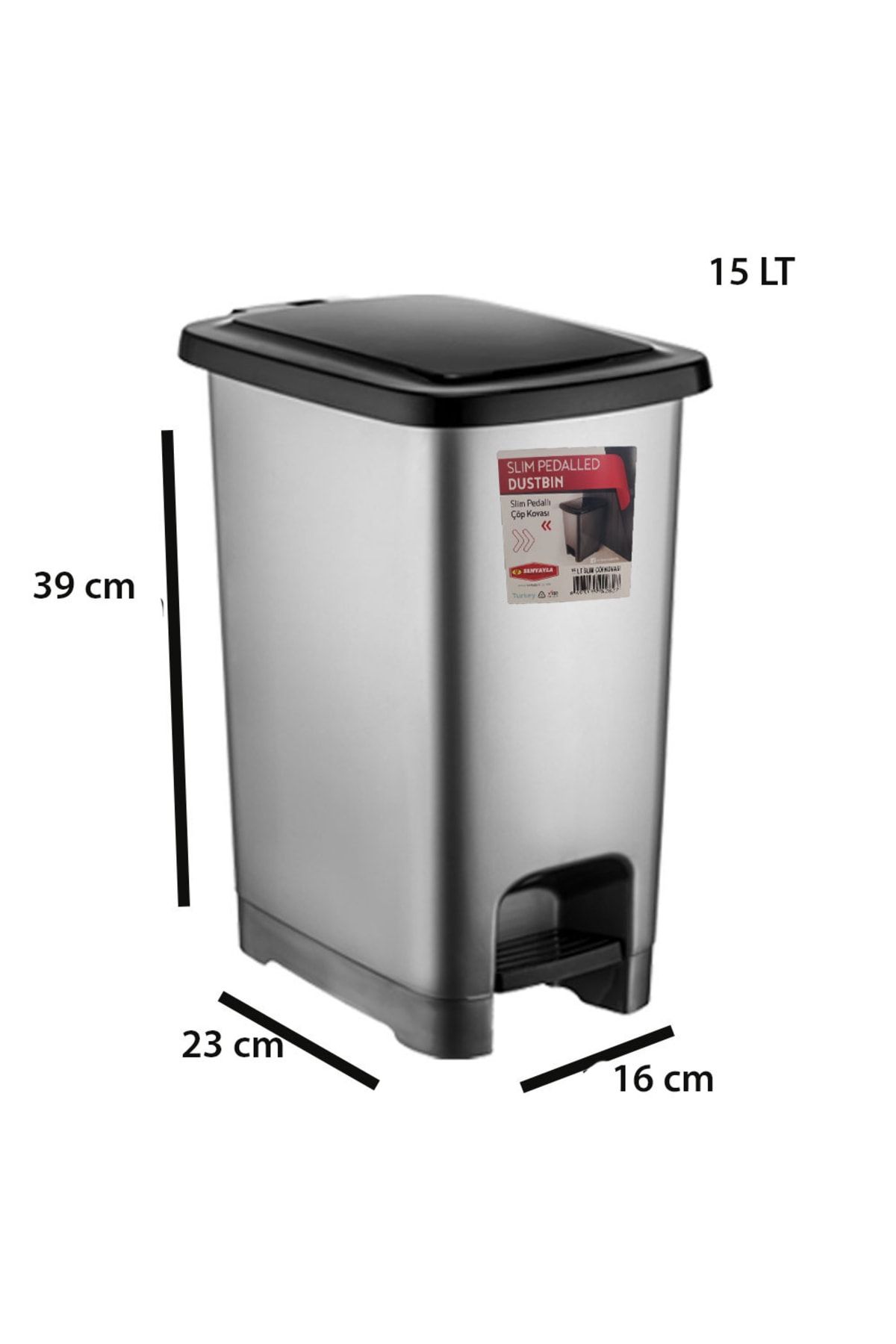 Şenyayla 4281 15 Lt Slim Pedallı Plastik Çöp Kovası Siyah Kapaklı Fma060744