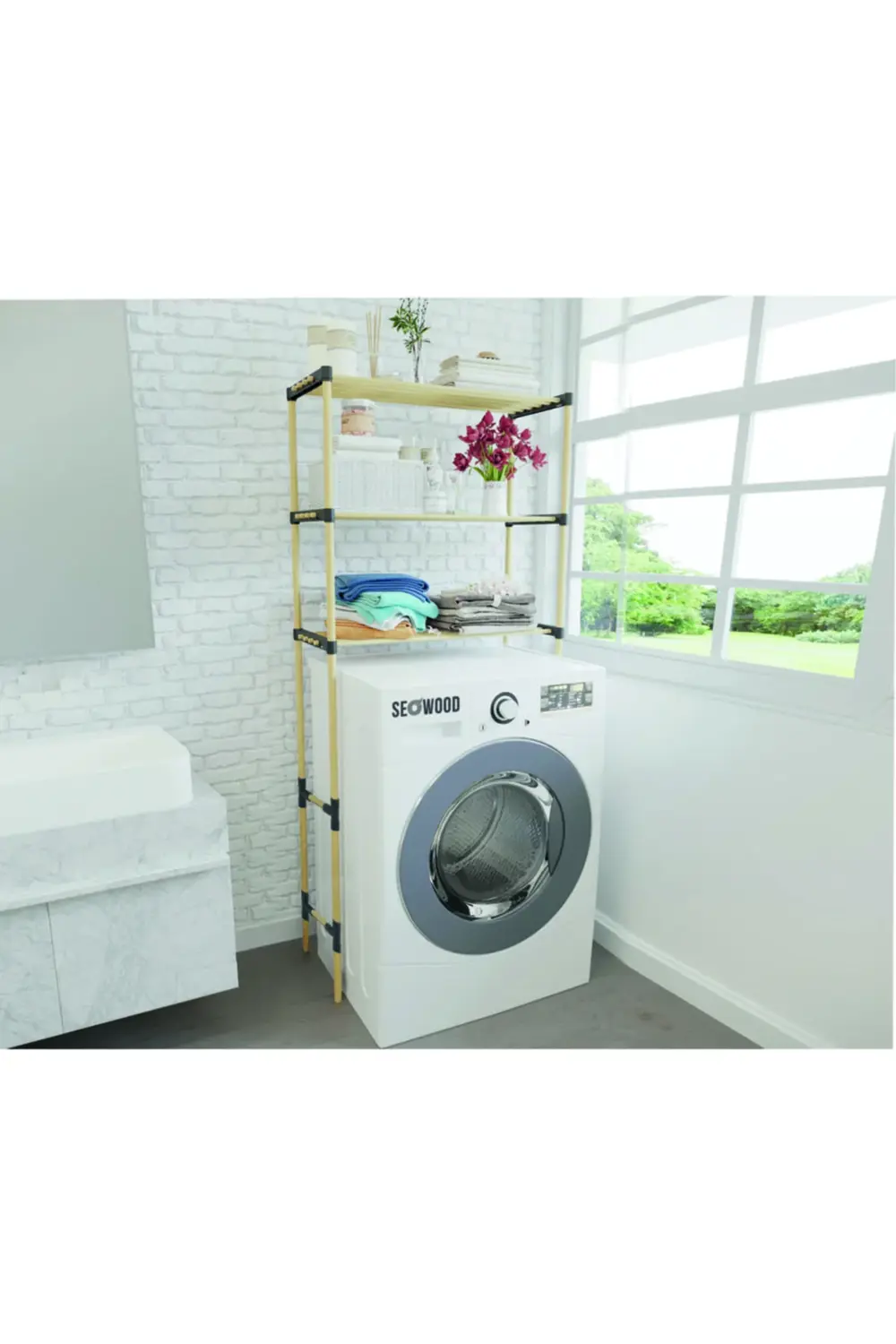 Seo-8166 Çamaşır Makinesi Üstü Ahşap Çok Amaçlı Raf