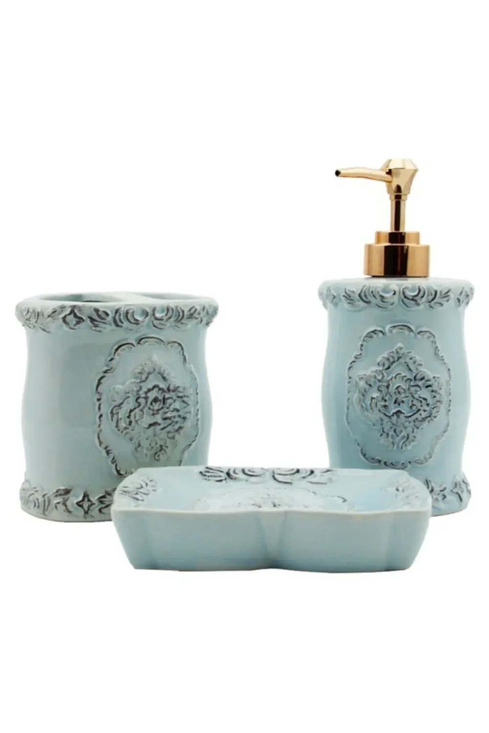 Seramik 3 Parça Seramik Banyo Seti Bombe Mavi 3 Parça Mavi