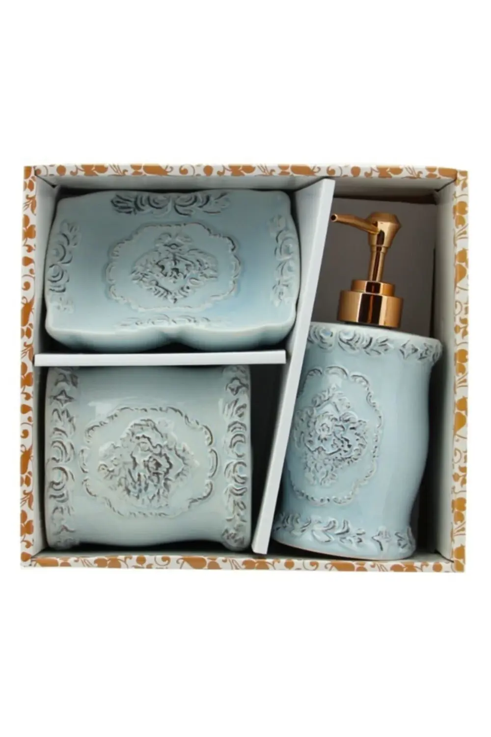 Seramik 3 Parça Seramik Banyo Seti Bombe Mavi 3 Parça Mavi