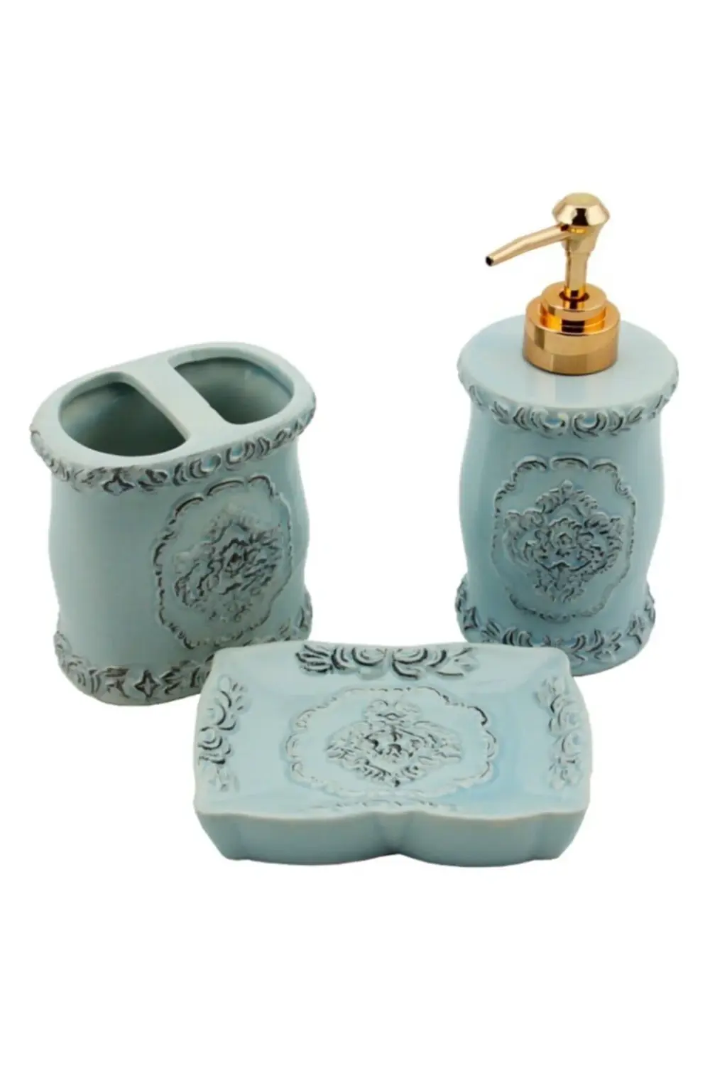 Seramik 3 Parça Seramik Banyo Seti Bombe Mavi 3 Parça Mavi