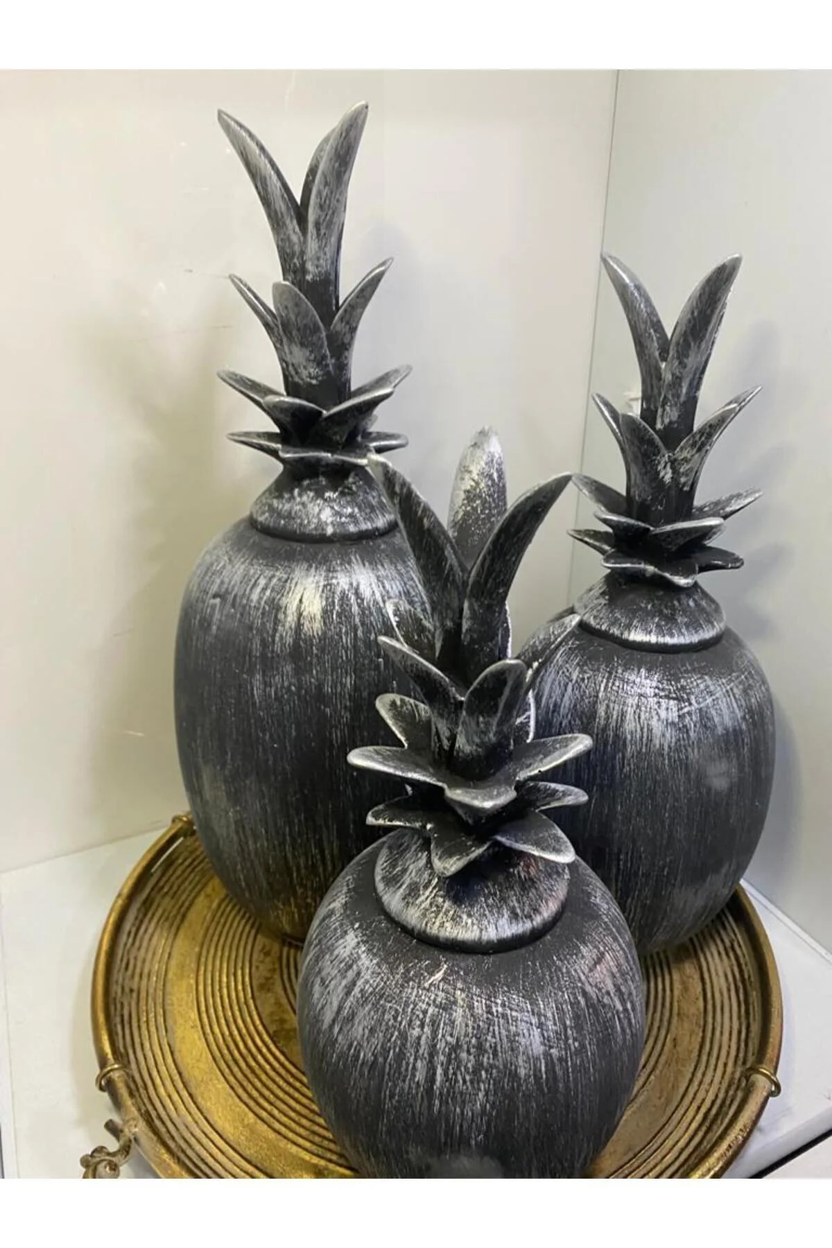 Seramik Dekoratif 3 Lü Ananas Dekor (ESKİTME GÜMÜŞ)
