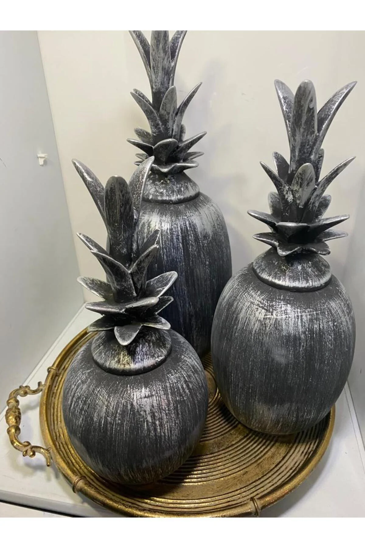 Seramik Dekoratif 3 Lü Ananas Dekor (ESKİTME GÜMÜŞ)