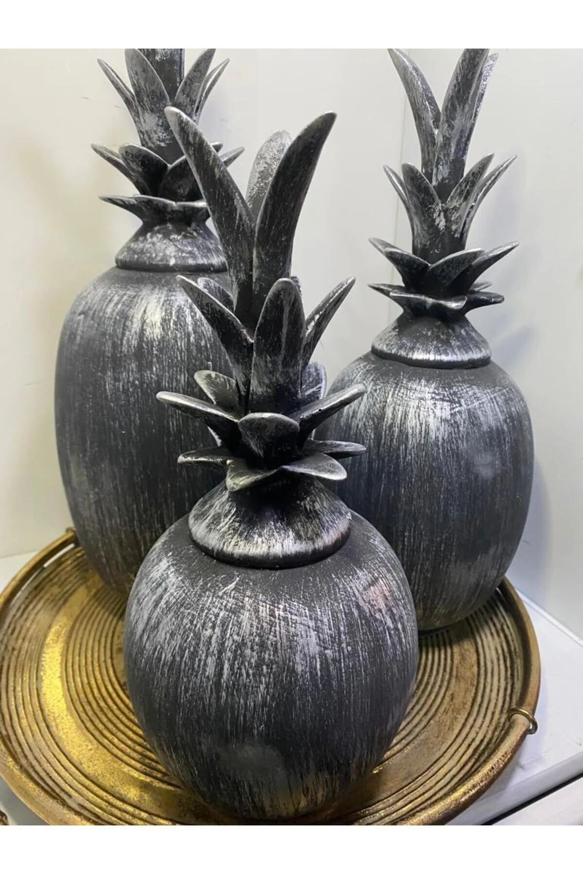 Seramik Dekoratif 3 Lü Ananas Dekor (ESKİTME GÜMÜŞ)