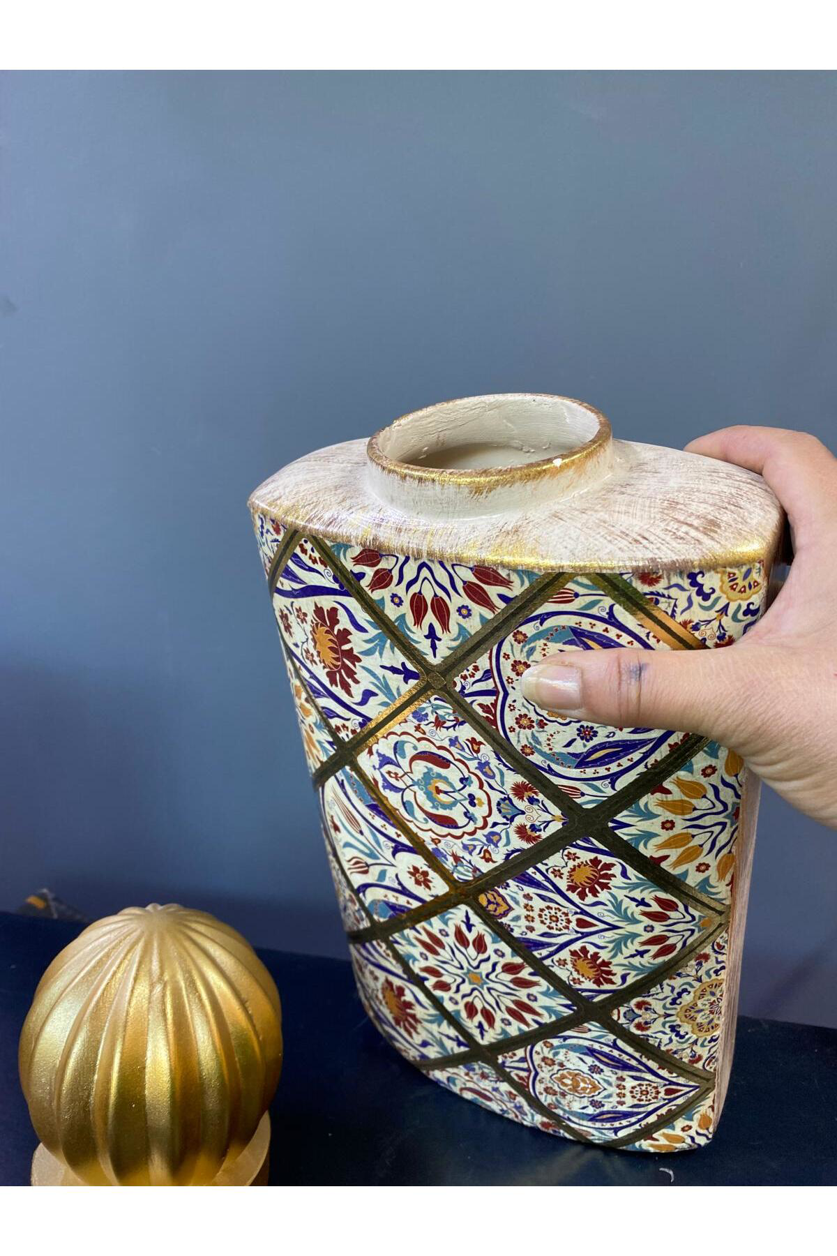 Elif Aksesuar Seramik Etnik Desenli Kapaklı Büyük Vazo