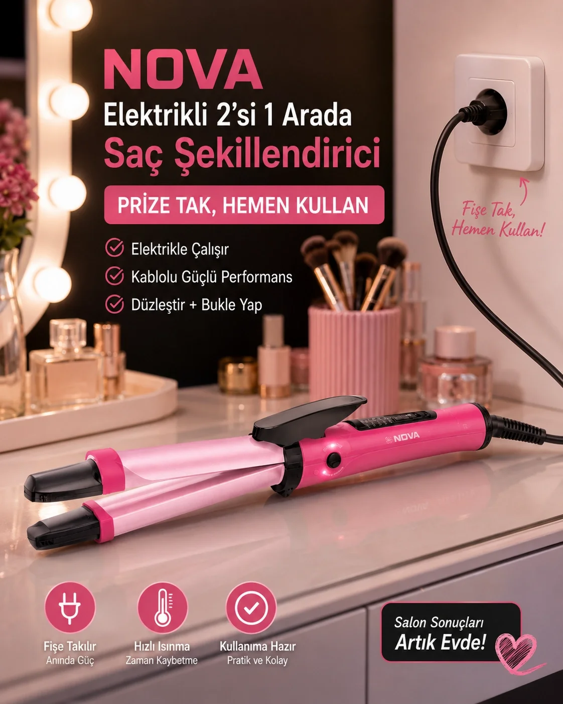 Seramik Kaplamalı Saç Düzleştirici ve Bukle Maşası 2’si 1 Arada Şekillendirici