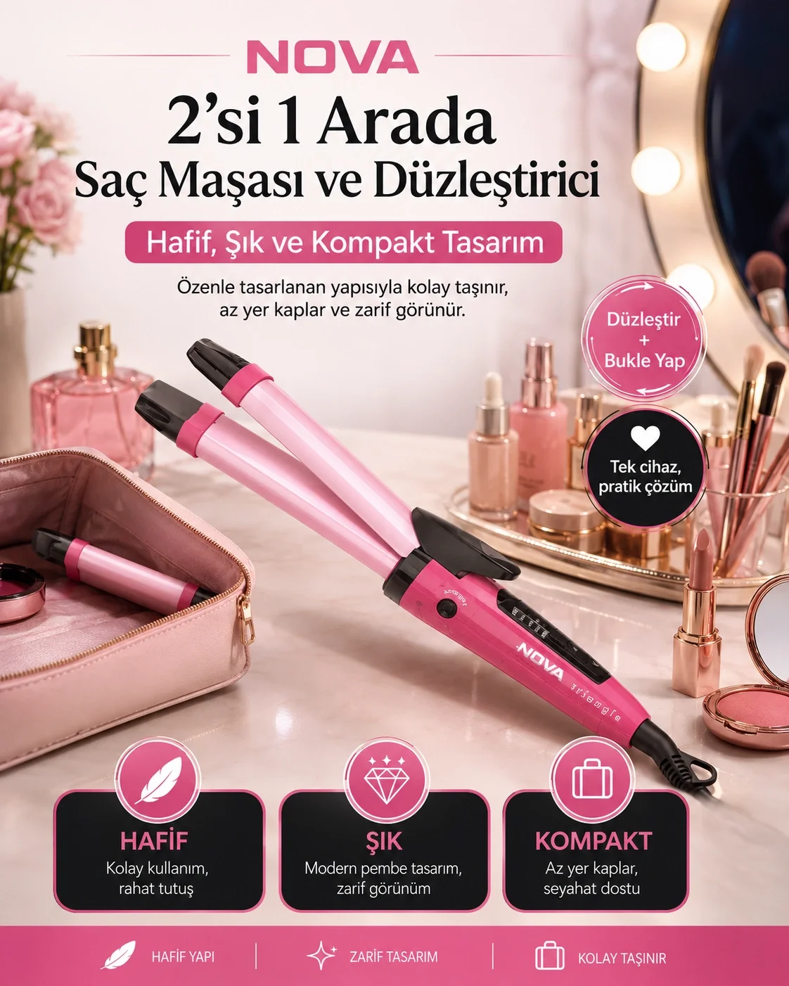 Seramik Kaplamalı Saç Düzleştirici ve Bukle Maşası 2’si 1 Arada Şekillendirici