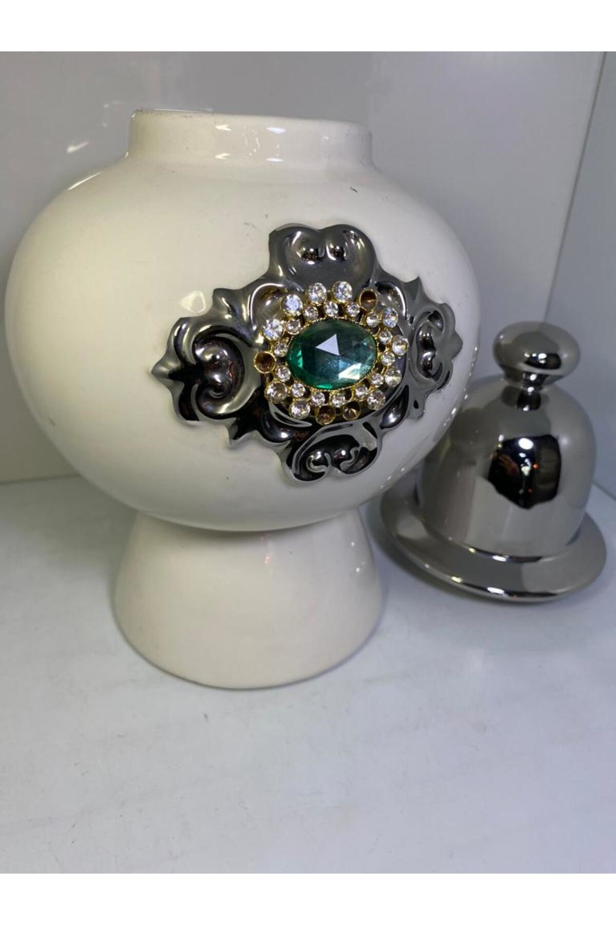 Elif Aksesuar Seramik Taşlı Kapaklı Dekoratif Kavanoz