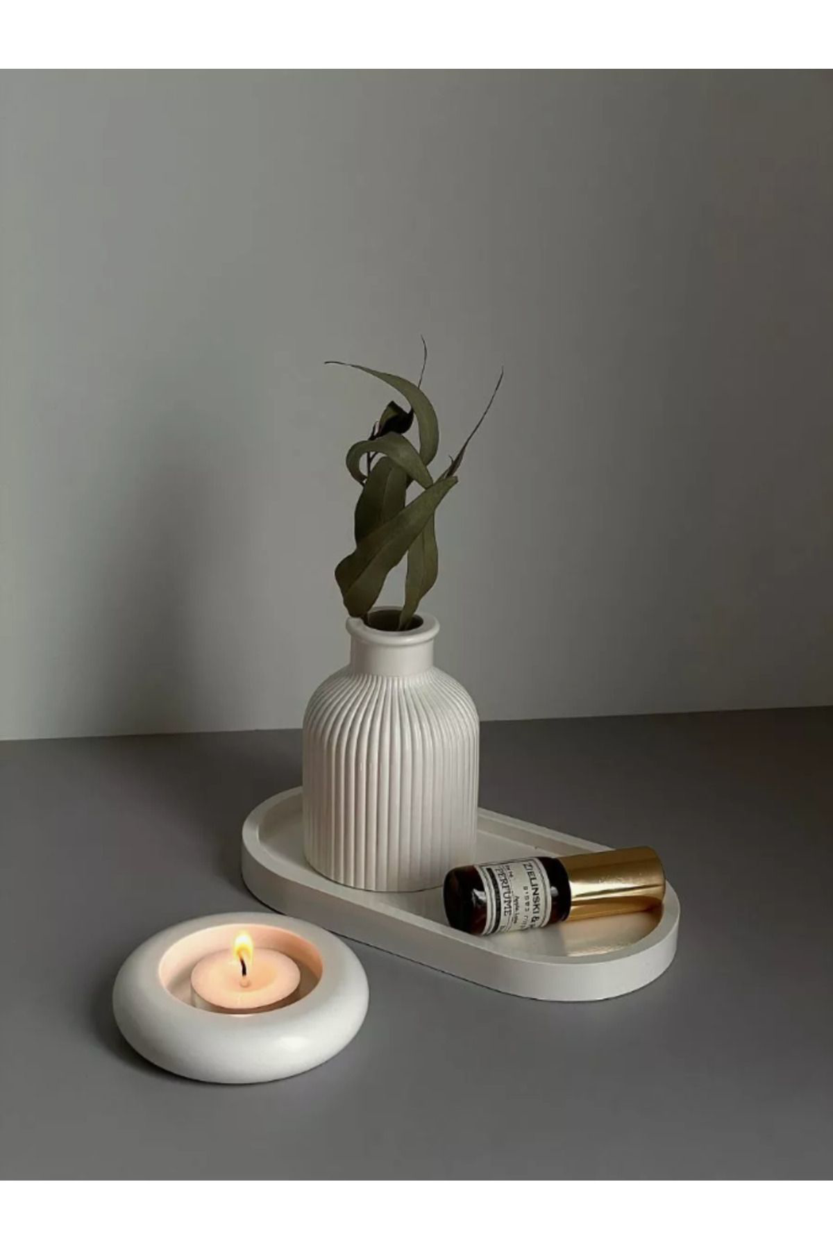 Seramik Vazo, Tealight Mumluk ve Dekoratif Tepsi Seti - Beyaz Min