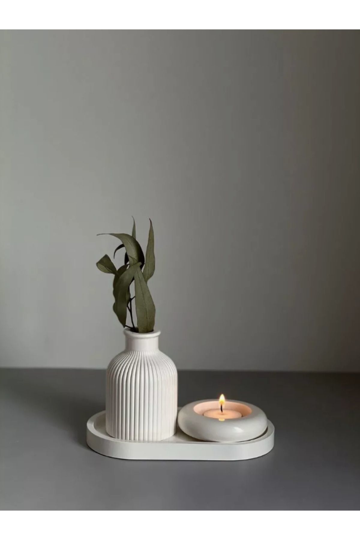 Seramik Vazo, Tealight Mumluk ve Dekoratif Tepsi Seti - Beyaz Min