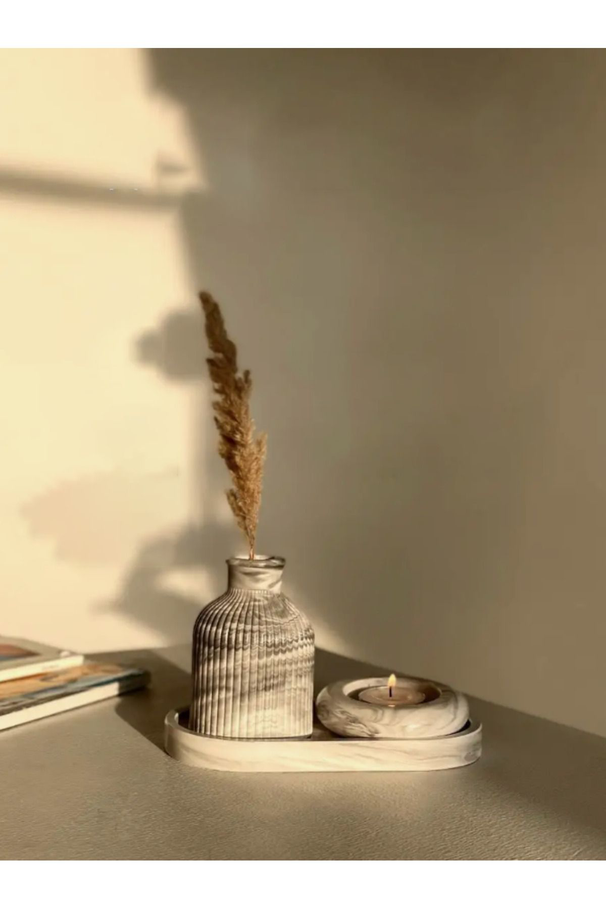 Seramik Vazo, Tealight Mumluk ve Dekoratif Tepsi Seti - Beyaz Min