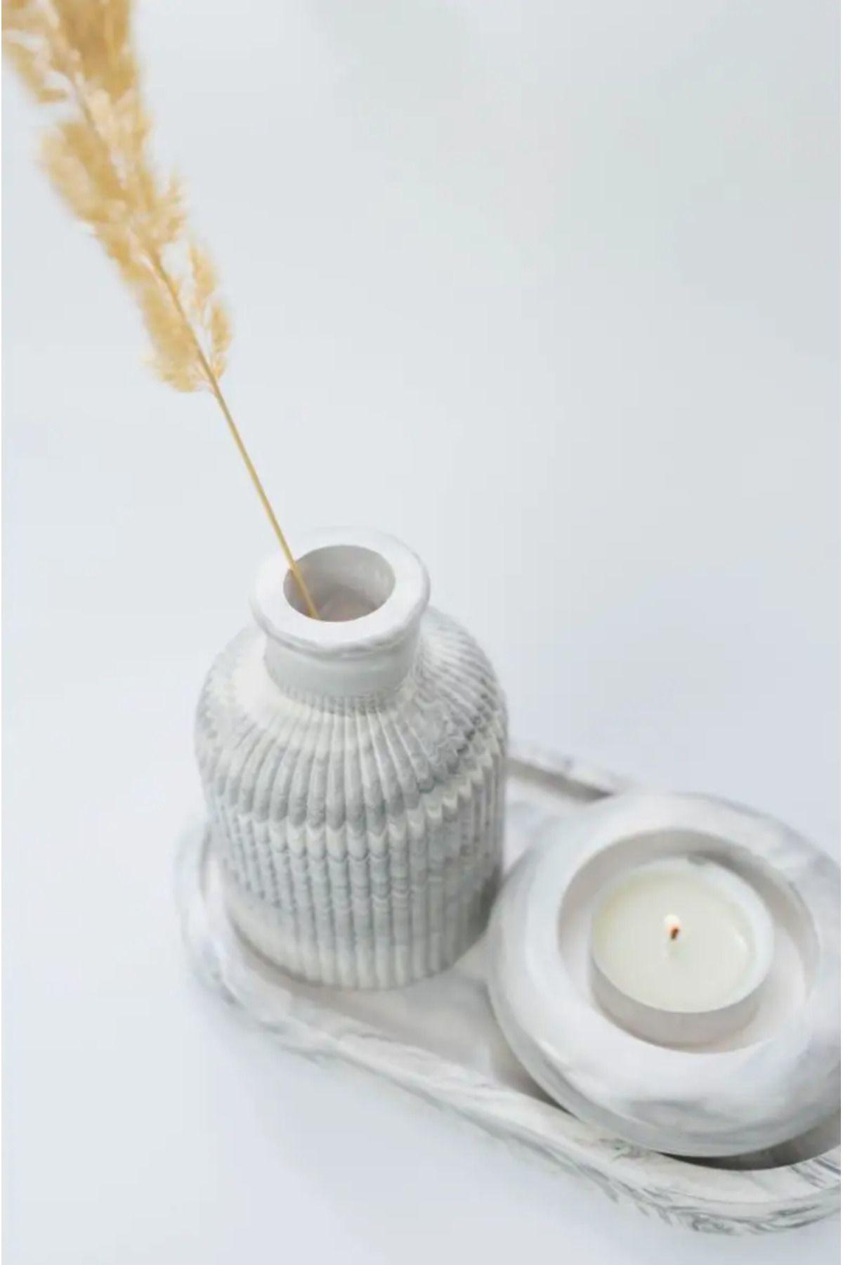 Seramik Vazo, Tealight Mumluk ve Dekoratif Tepsi Seti - Beyaz Min