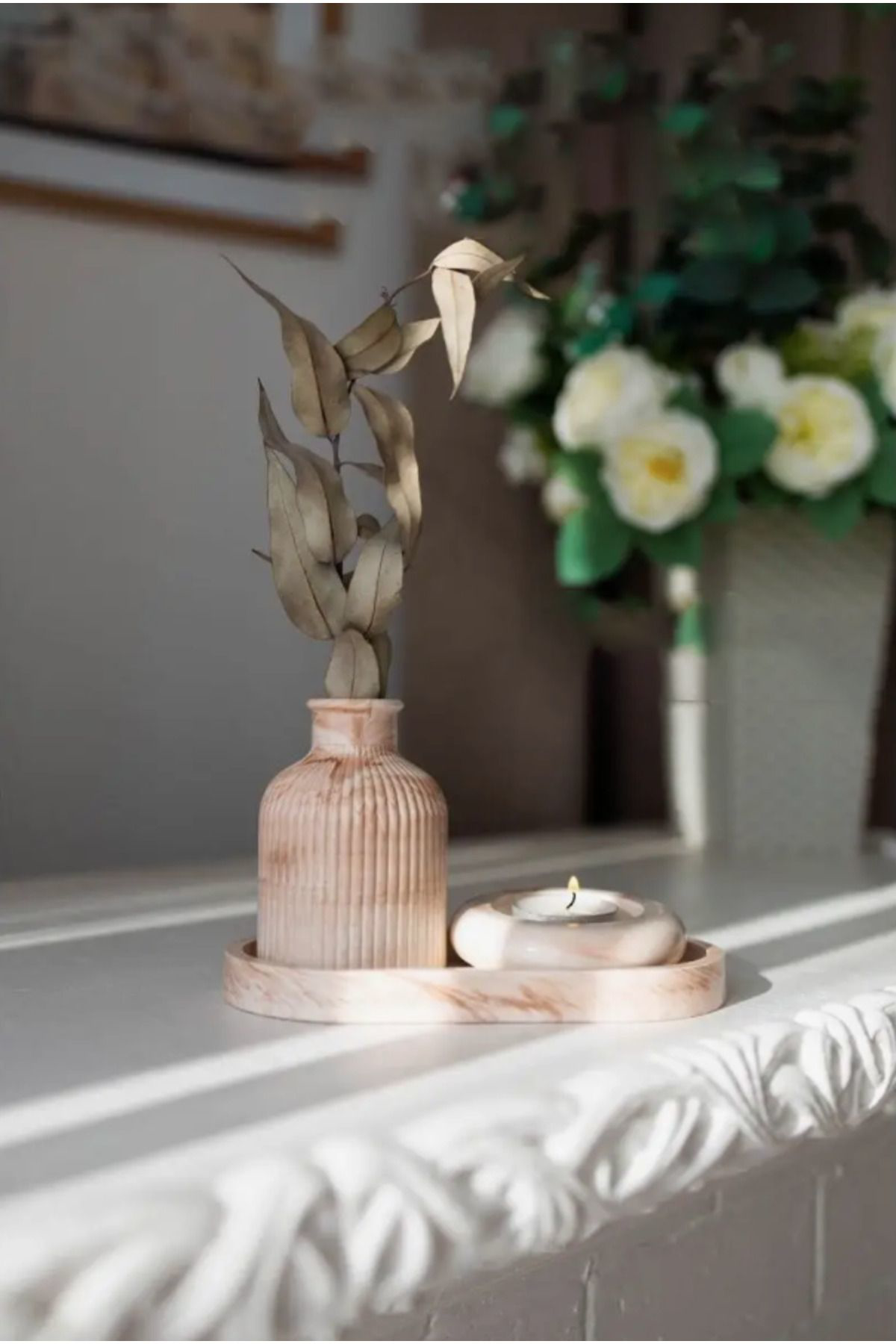 Seramik Vazo, Tealight Mumluk ve Dekoratif Tepsi Seti - Beyaz Min