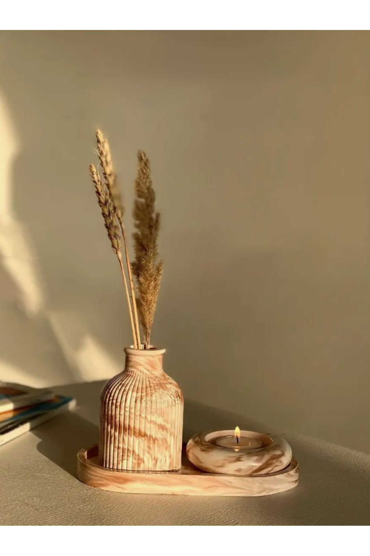 Seramik Vazo, Tealight Mumluk ve Dekoratif Tepsi Seti - Beyaz Min