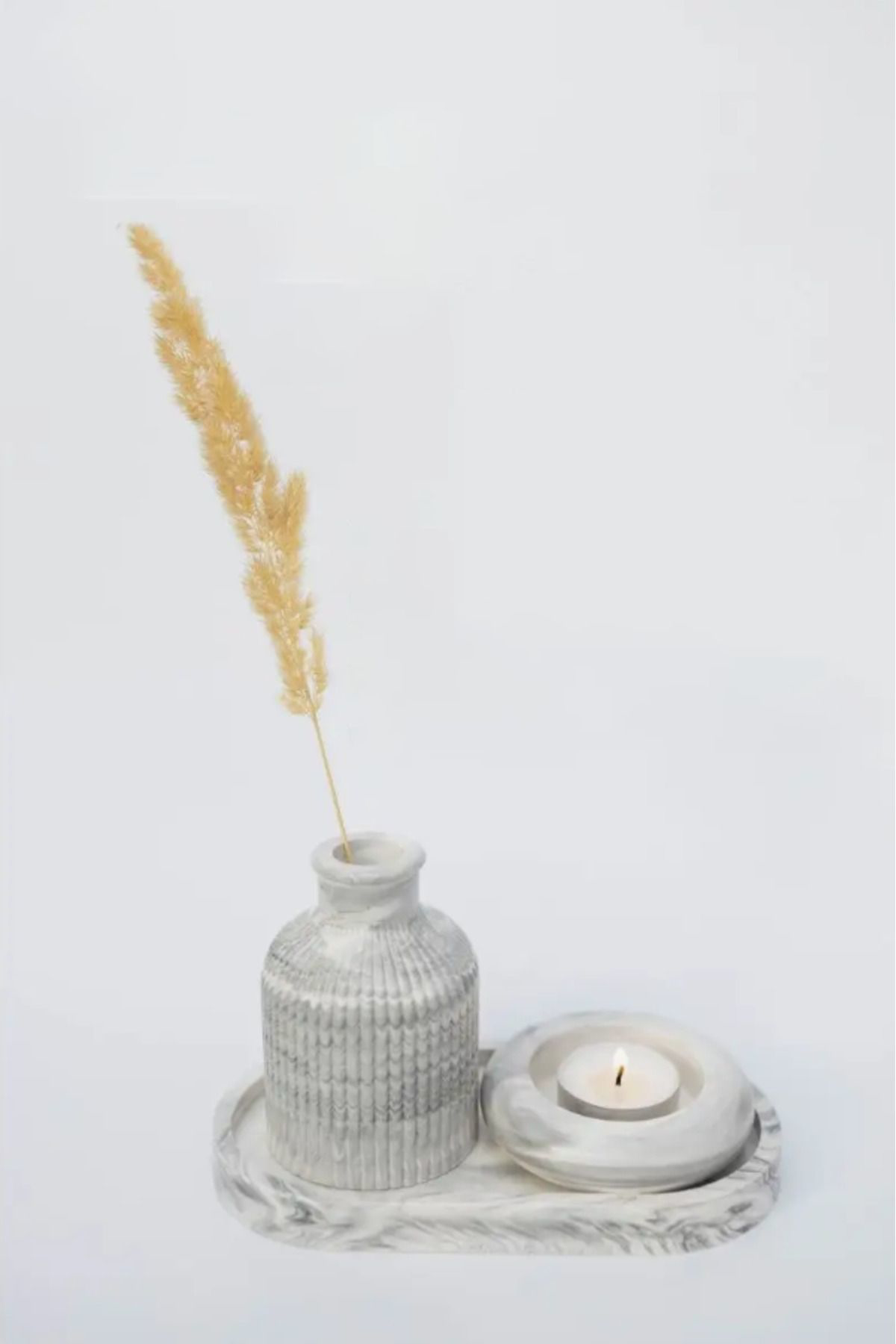 Seramik Vazo, Tealight Mumluk ve Dekoratif Tepsi Seti - Beyaz Min