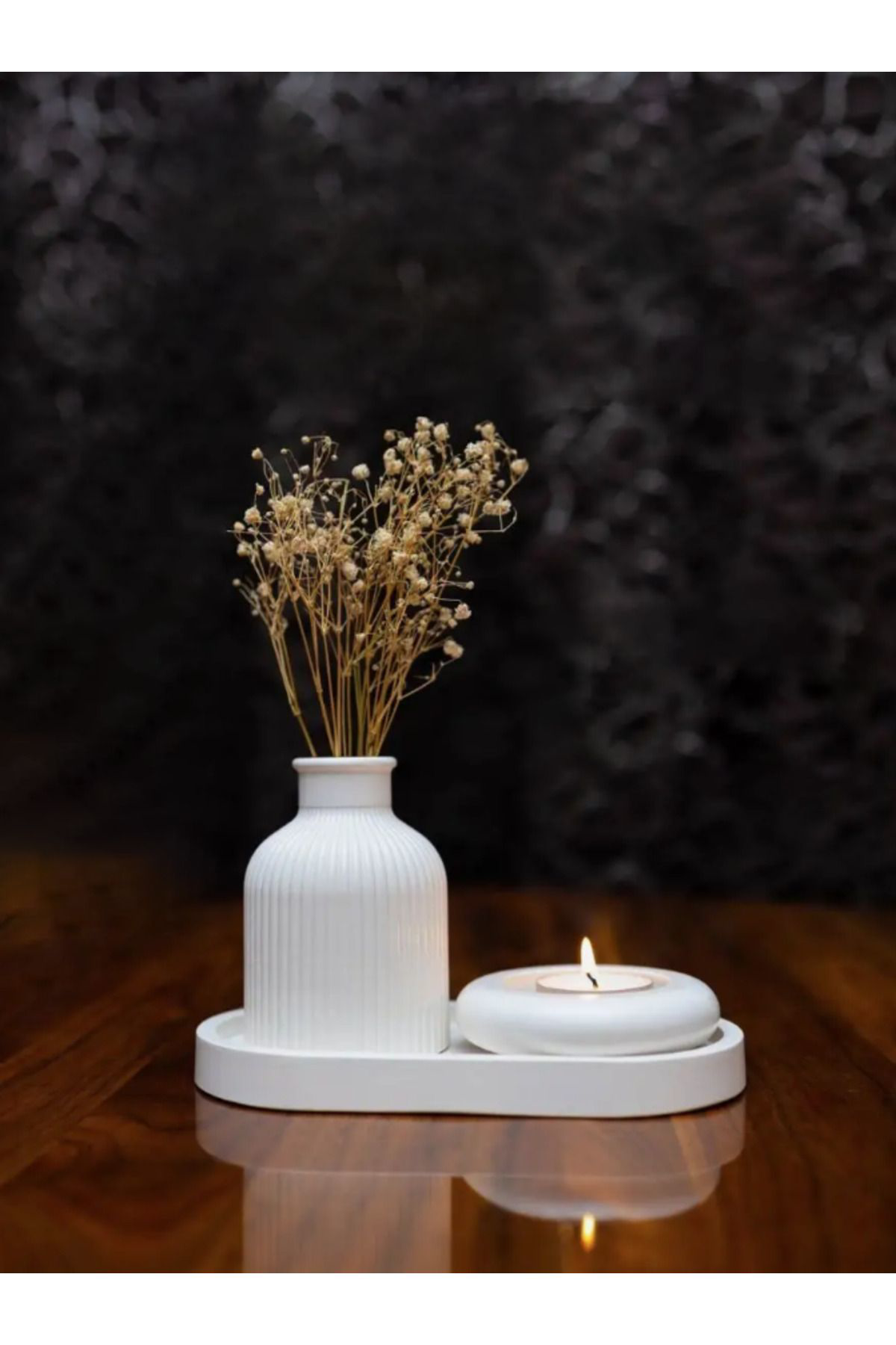 Seramik Vazo, Tealight Mumluk ve Dekoratif Tepsi Seti - Beyaz Min