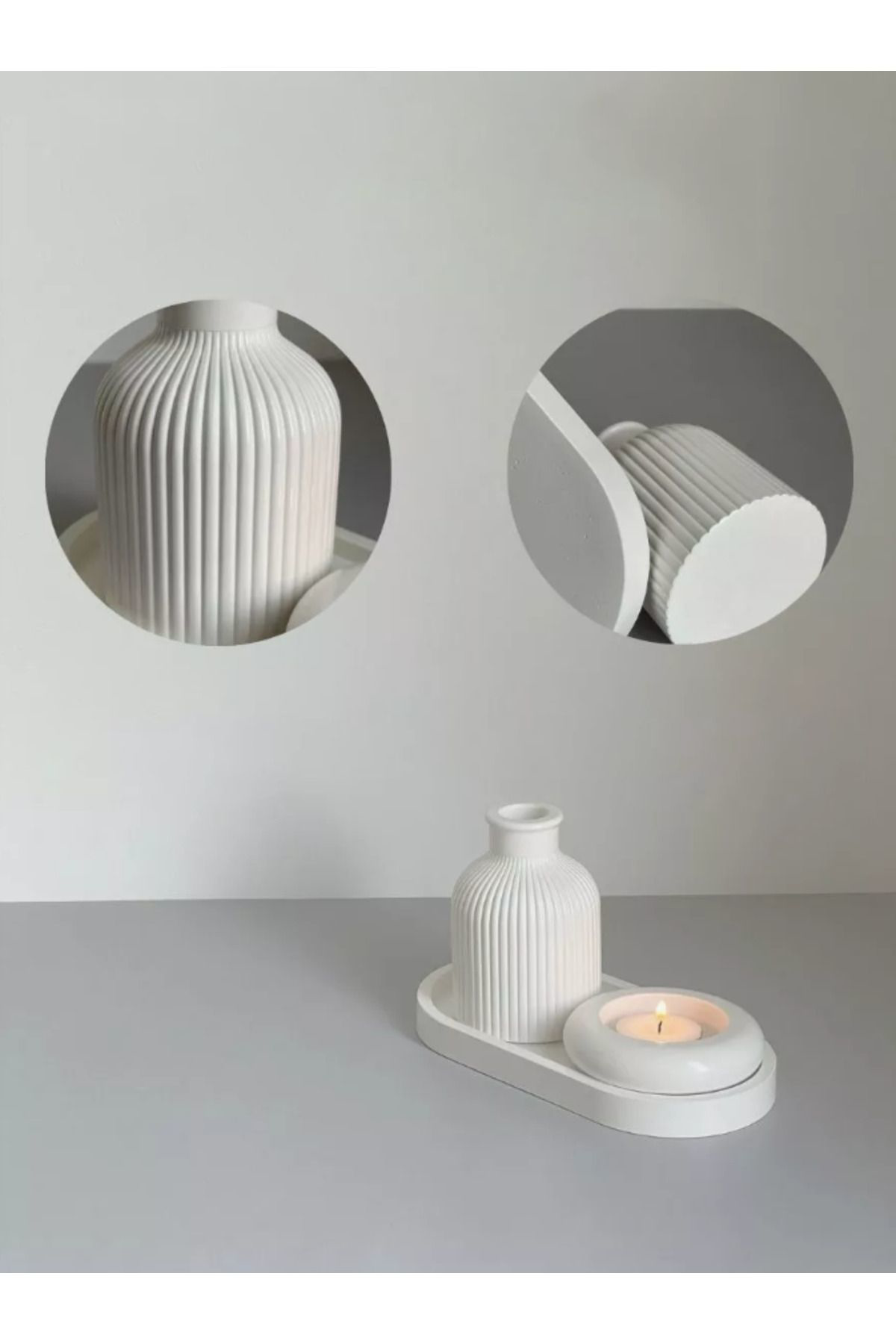 Seramik Vazo, Tealight Mumluk ve Dekoratif Tepsi Seti - Beyaz Min