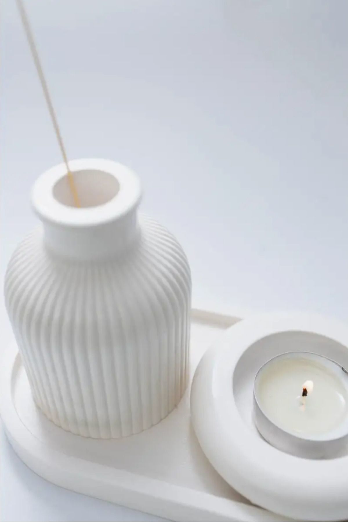 Seramik Vazo, Tealight Mumluk ve Dekoratif Tepsi Seti - Beyaz Min