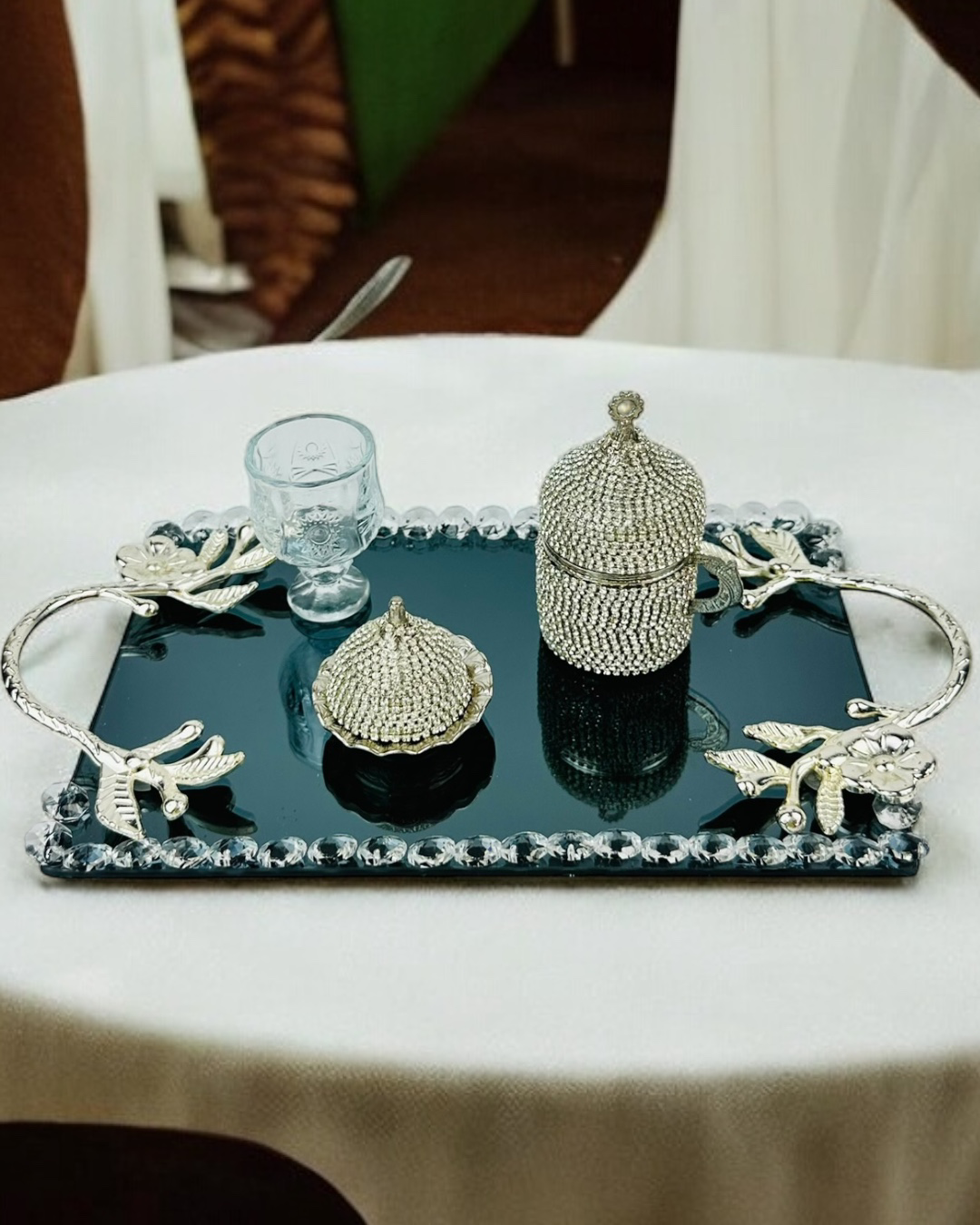 Cyzhome Serenity Gümüş Söz Tepsisi Ve Damat Kahve Fincan Tepsisi