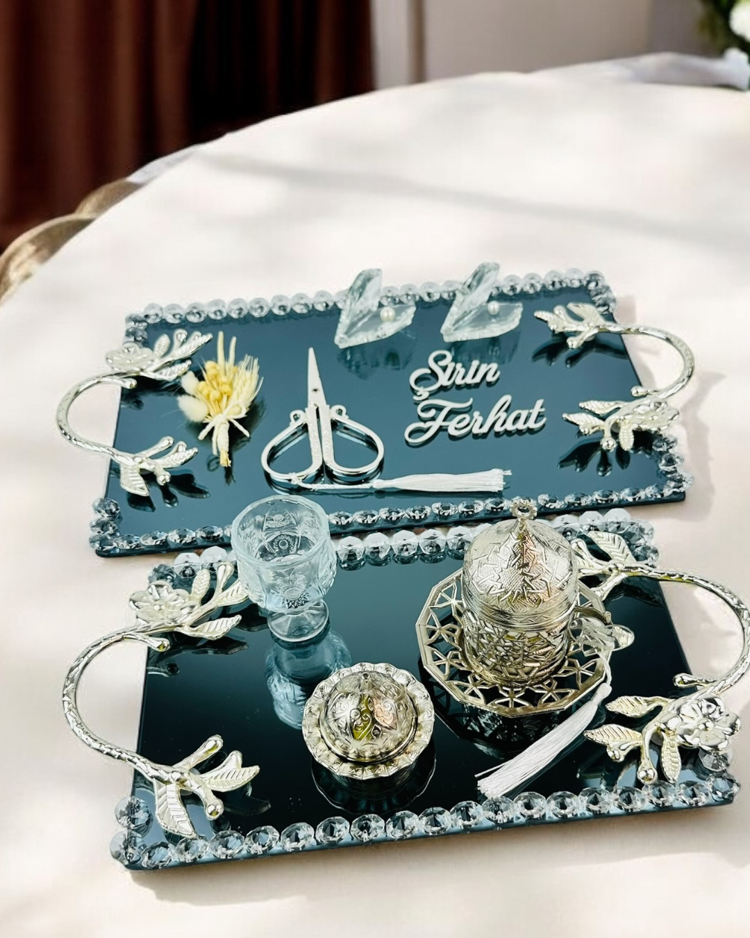 Cyzhome Serenity Gümüş Söz Tepsisi Ve Damat Kahve Fincan Tepsisi