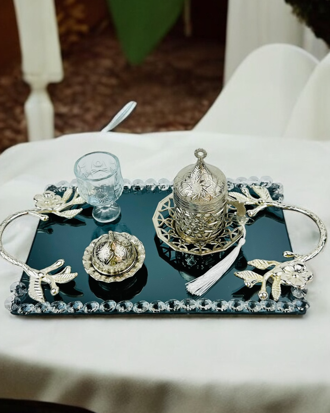 Cyzhome Serenity Gümüş Söz Tepsisi Ve Damat Kahve Fincan Tepsisi