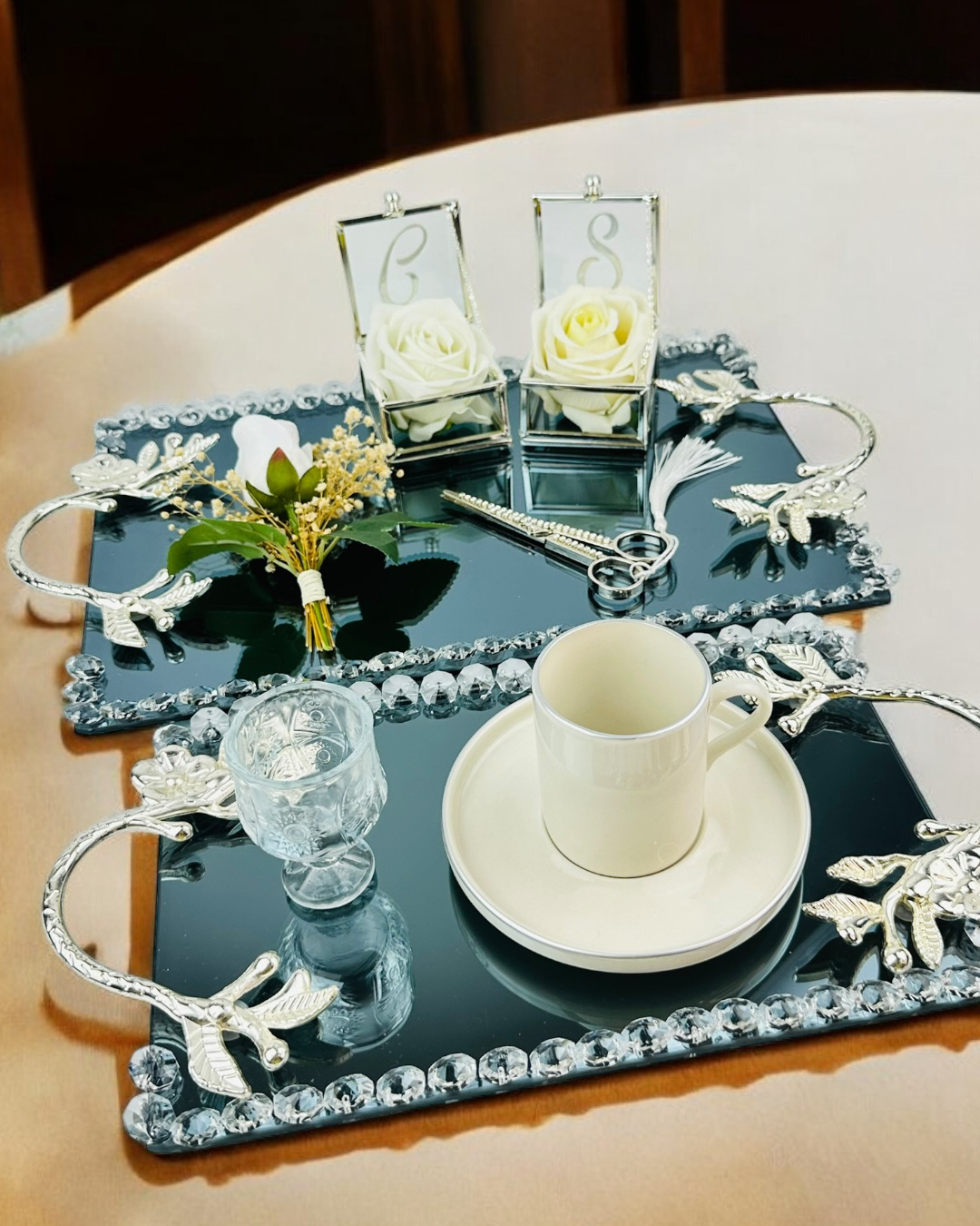 Cyzhome Serenity Gümüş Söz Tepsisi Ve Damat Kahve Fincan Tepsisi