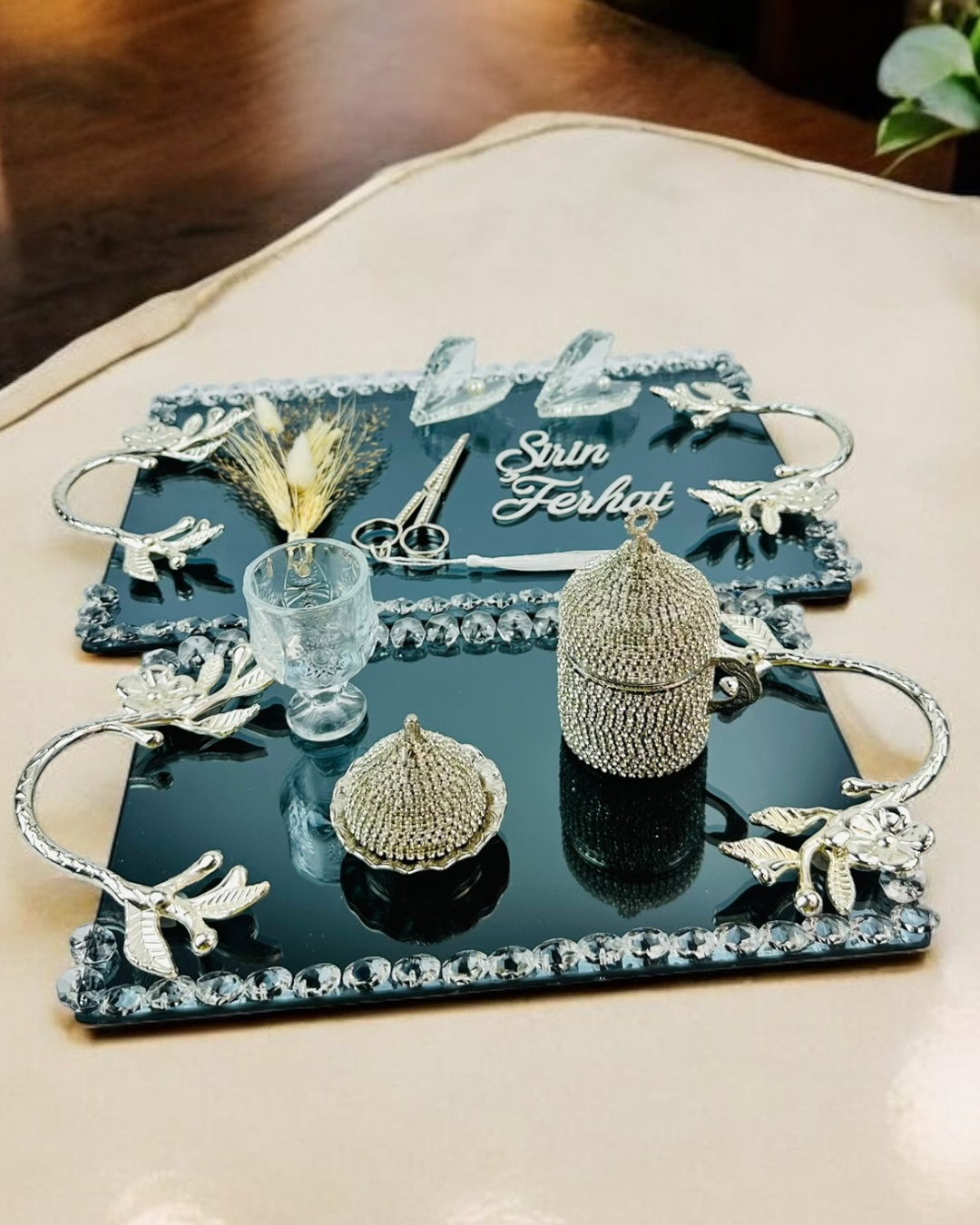 Cyzhome Serenity Gümüş Söz Tepsisi Ve Damat Kahve Fincan Tepsisi