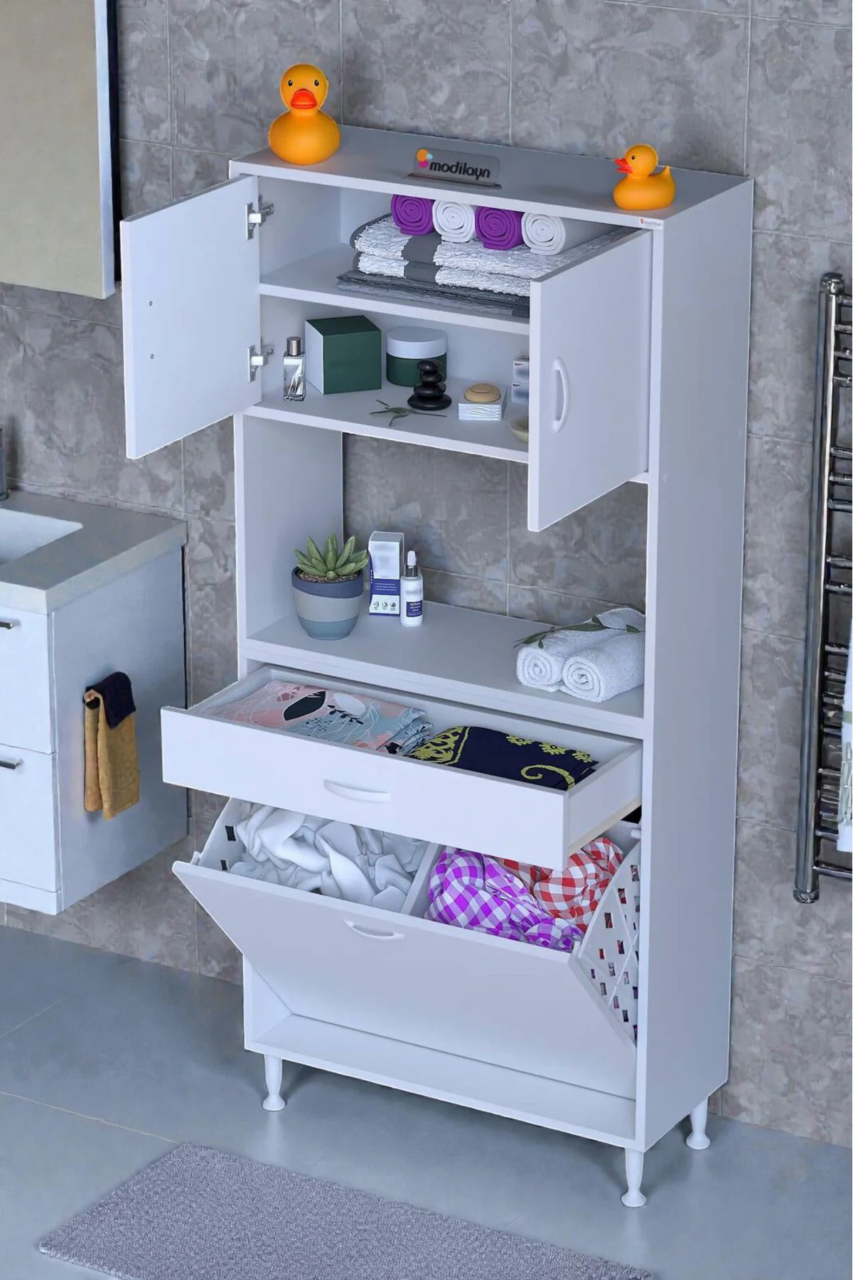 Seris Sepetli ve Çekmeceli Banyo Dolabı G:80 cm Çok Amaçlı Beyaz 