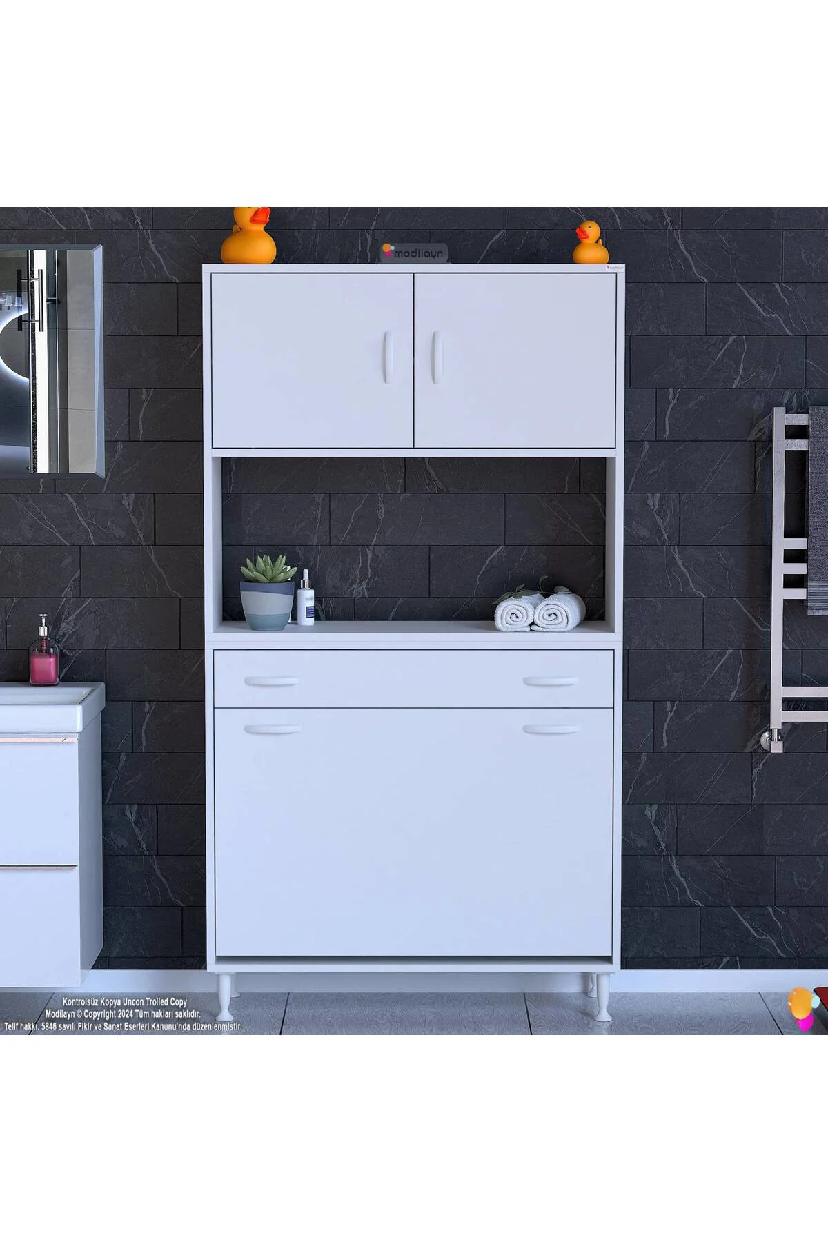 Seris Sepetli ve Çekmeceli Banyo Dolabı G:90 cm Çok Amaçlı Beyaz 