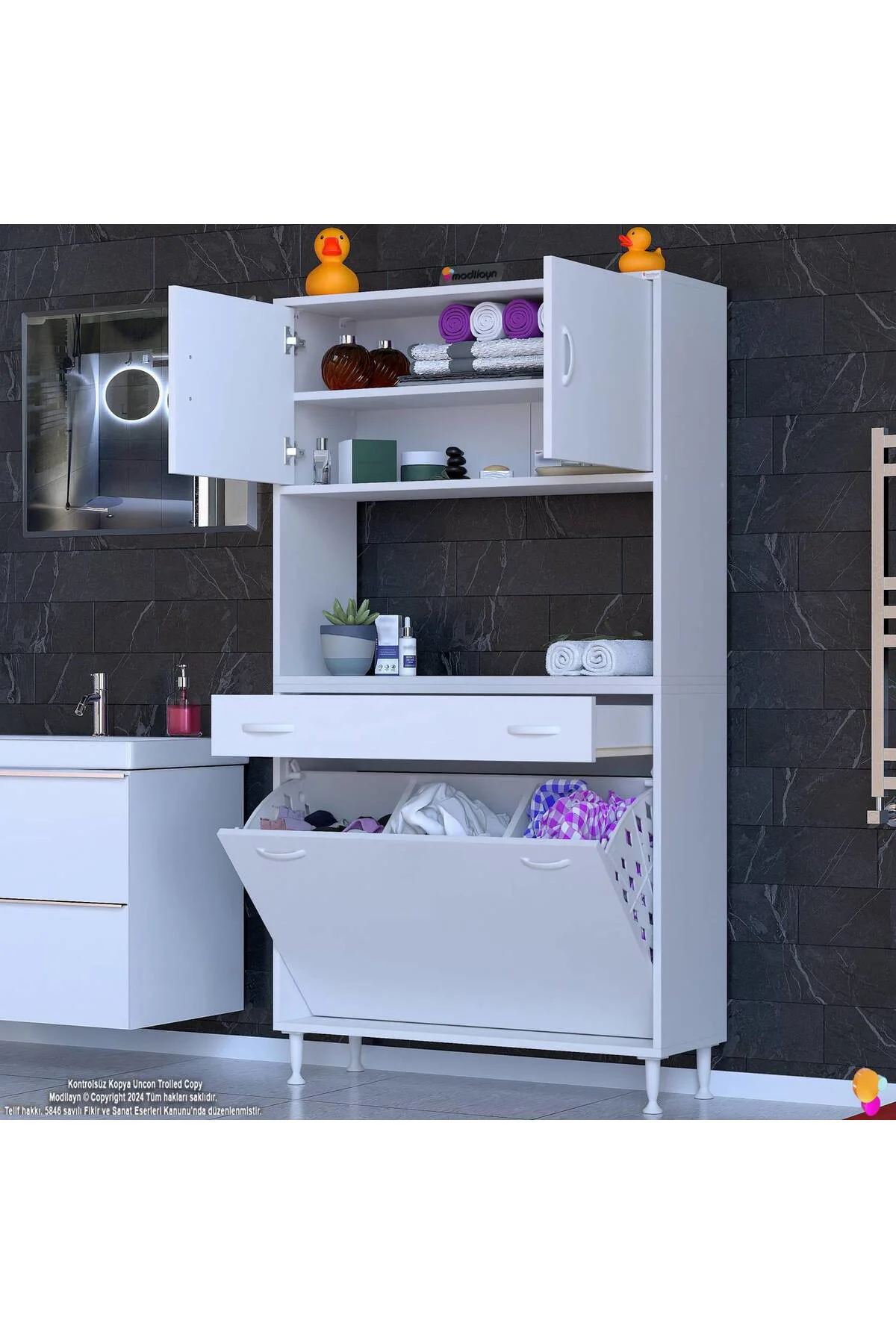 Seris Sepetli ve Çekmeceli Banyo Dolabı G:95 cm Çok Amaçlı Beyaz 