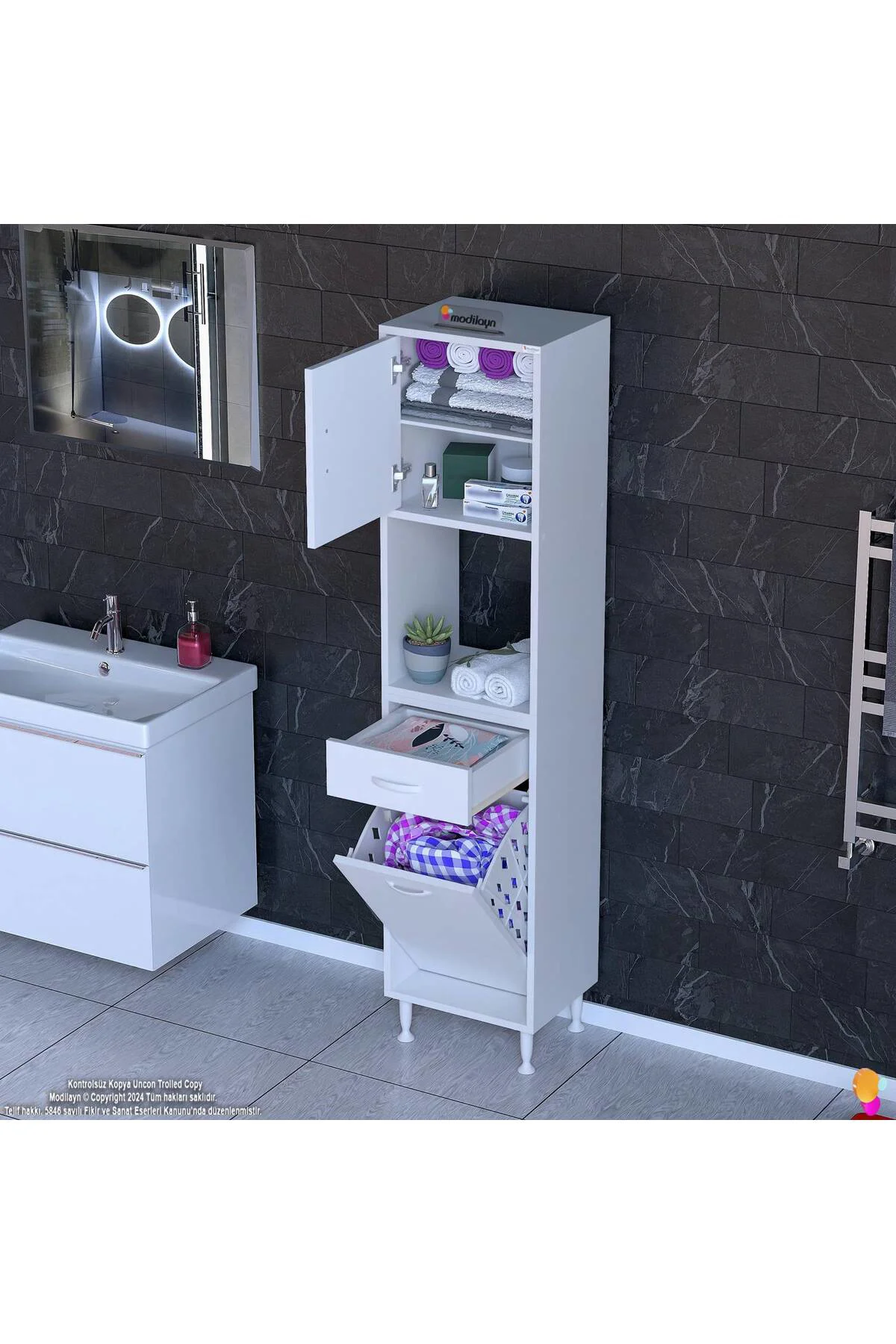Seris Sepetli ve Çekmeceli Banyo Dolabı G:40 cm Çok Amaçlı Beyaz 