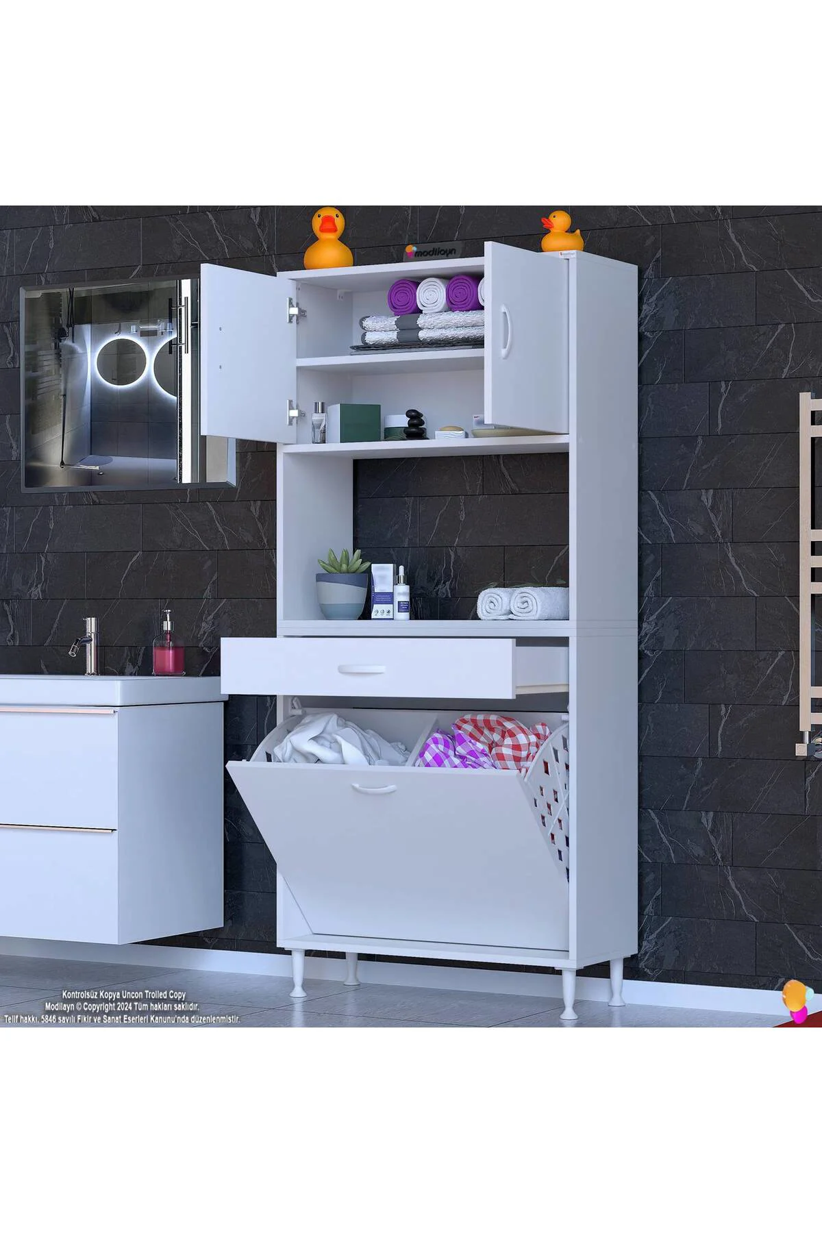 Seris Sepetli ve Çekmeceli Banyo Dolabı G:80 cm Çok Amaçlı Beyaz 