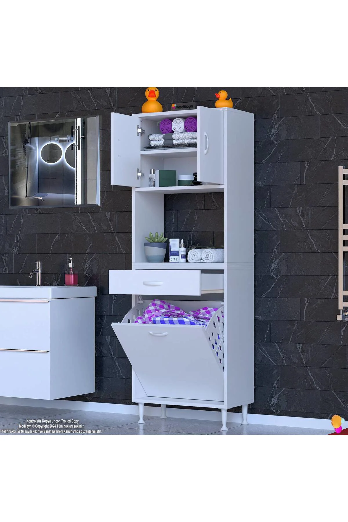 Seris Sepetli ve Çekmeceli Banyo Dolabı G:65 cm Çok Amaçlı Beyaz 