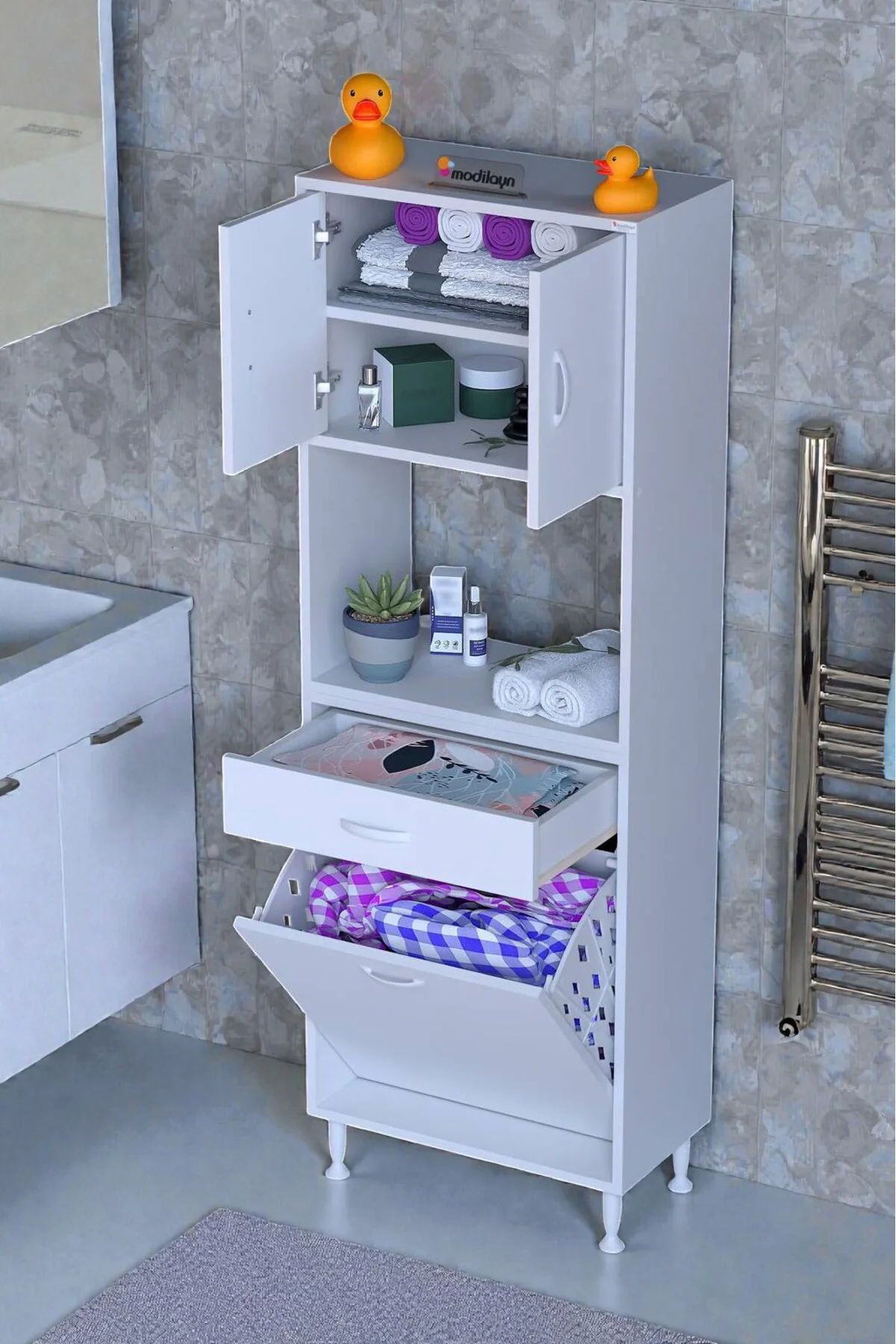 Seris Sepetli ve Çekmeceli Banyo Dolabı G:65 cm Çok Amaçlı Beyaz 