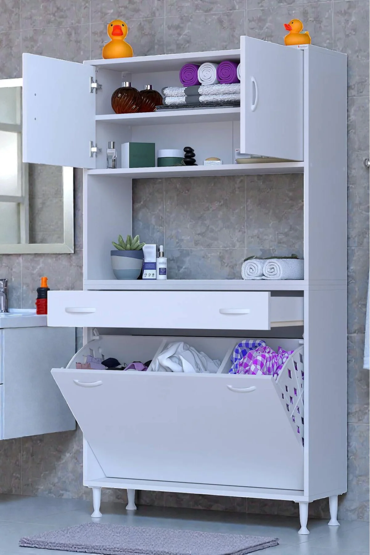 Seris Sepetli ve Çekmeceli Banyo Dolabı G:100 cm Çok Amaçlı Beyaz