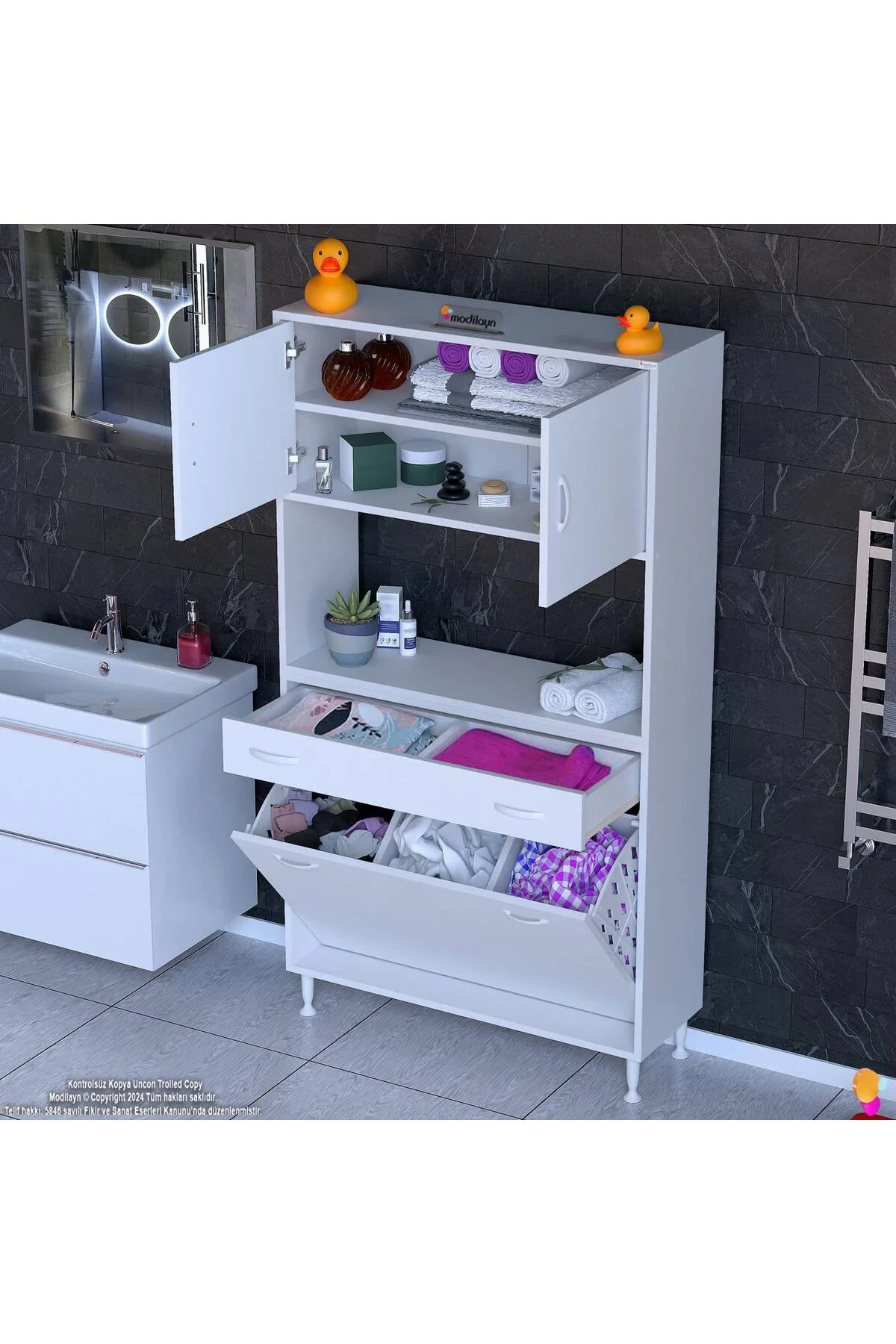 Seris Sepetli ve Çekmeceli Banyo Dolabı G:90 cm Çok Amaçlı Beyaz 