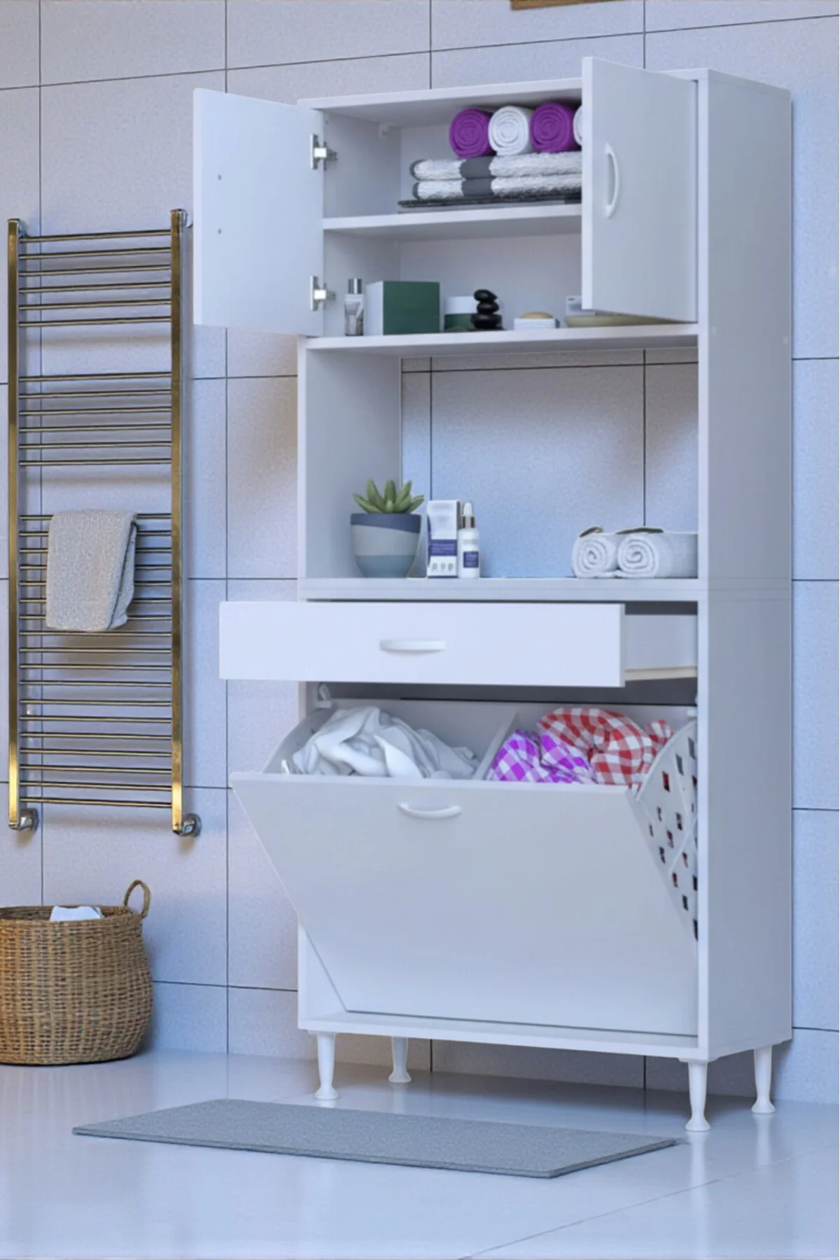 Seris Sepetli ve Çekmeceli Banyo Dolabı G:85 cm Çok Amaçlı Beyaz 