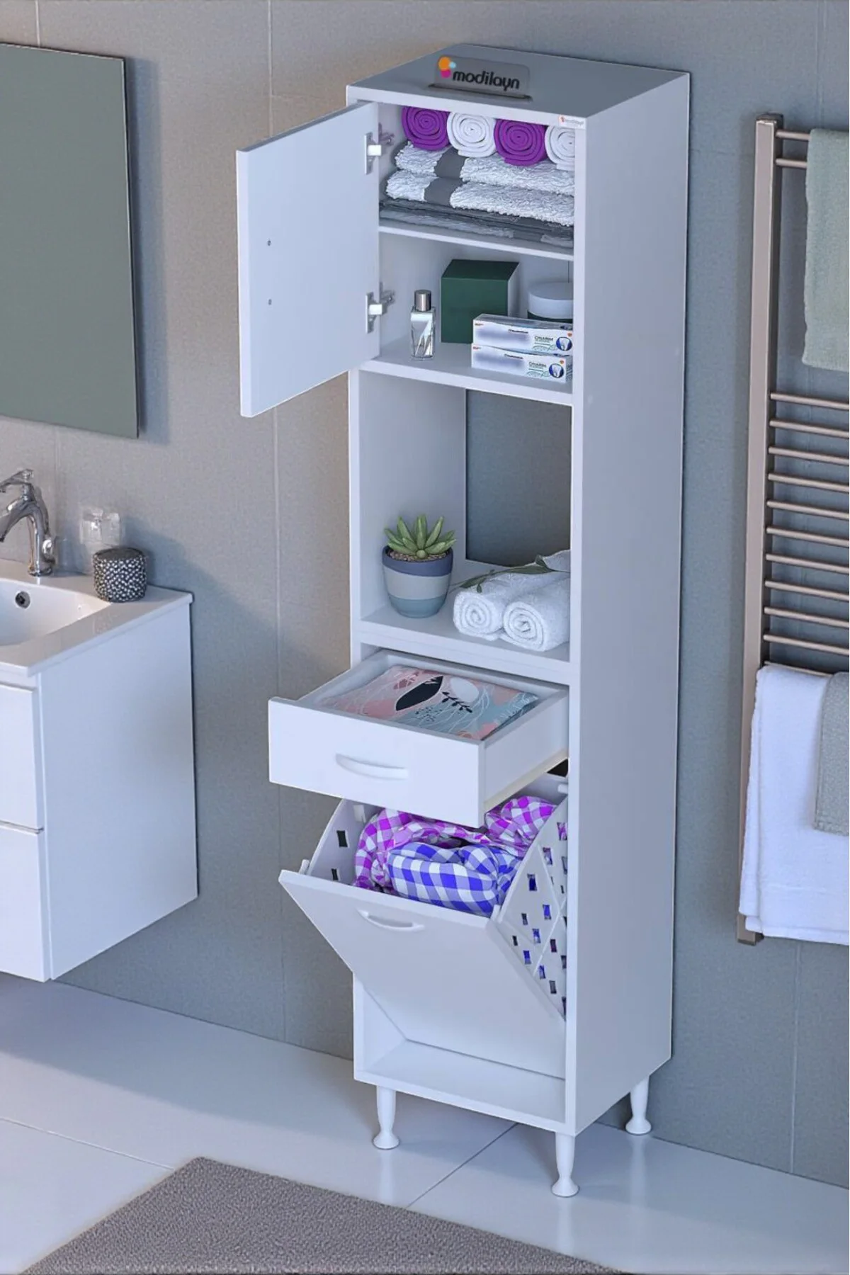 Seris Sepetli ve Çekmeceli Banyo Dolabı G:50 cm Çok Amaçlı Beyaz 