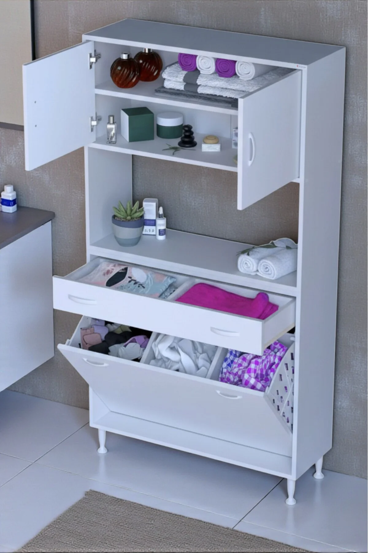 Seris Sepetli ve Çekmeceli Banyo Dolabı G:95 cm Çok Amaçlı Beyaz 