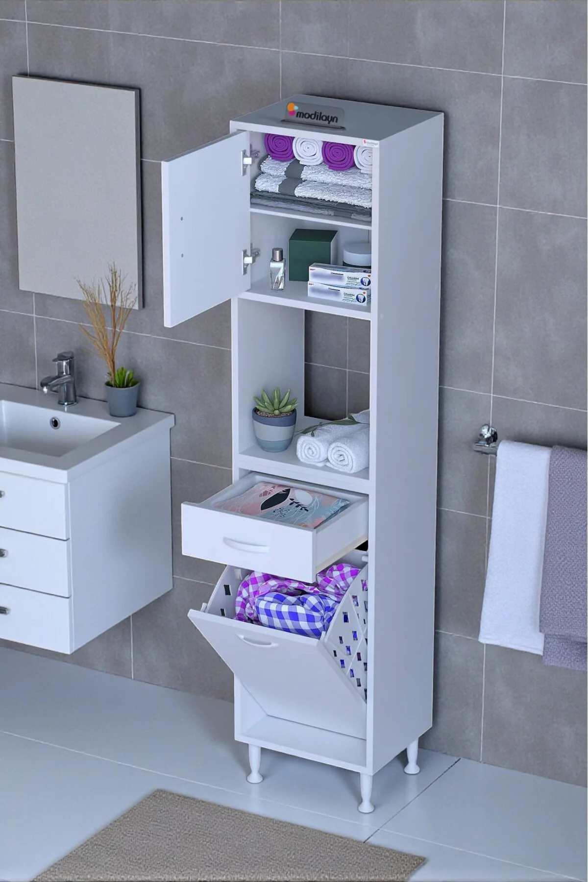 Seris Sepetli ve Çekmeceli Banyo Dolabı G:35 cm Çok Amaçlı Beyaz Seris Sepetli ve Çekmeceli Banyo Dolabı G:35 cm Çok Amaçlı Beyaz