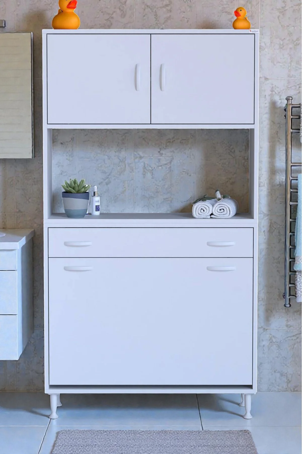Seris Sepetli ve Çekmeceli Banyo Dolabı G:90 cm Çok Amaçlı Beyaz 