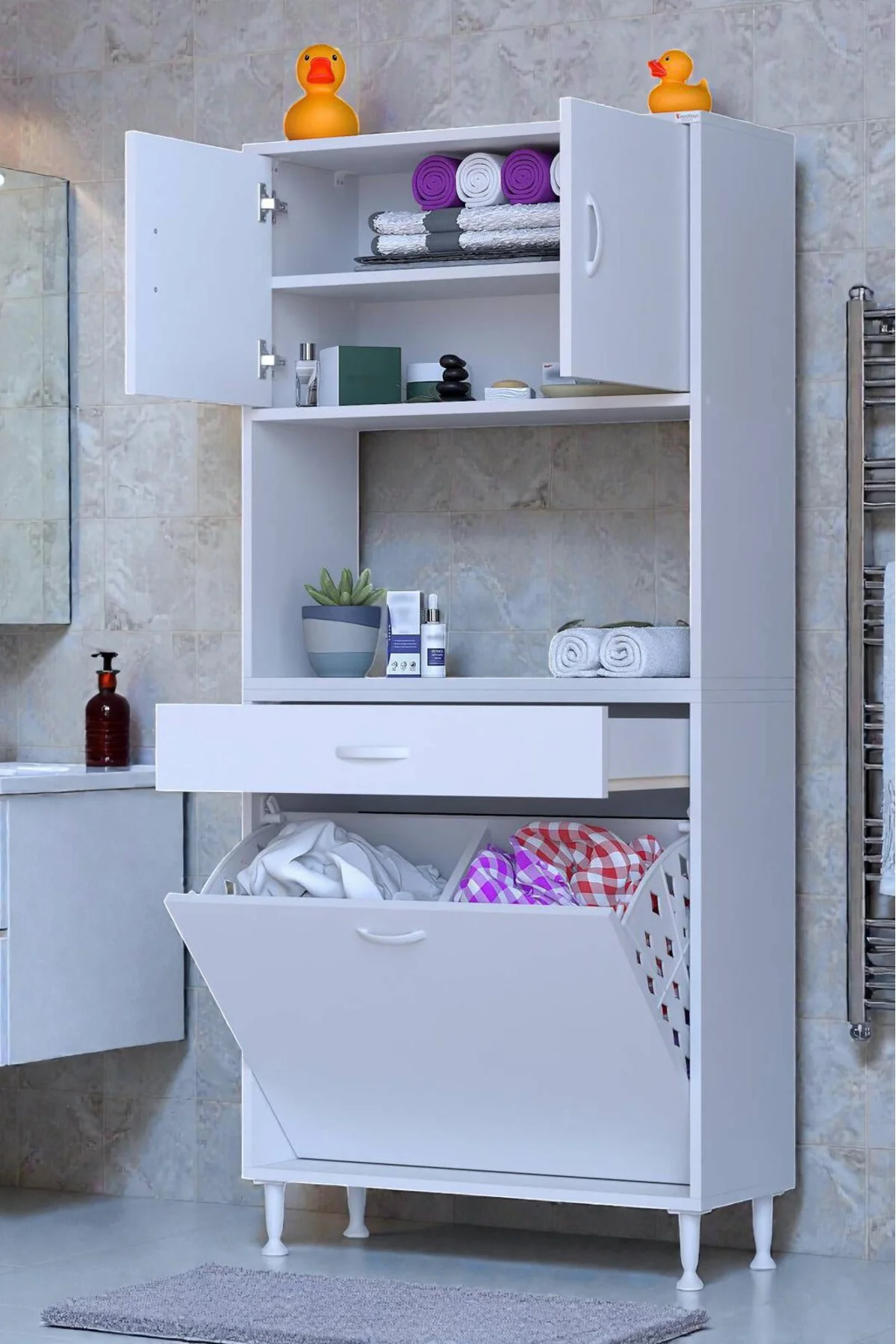 Seris Sepetli ve Çekmeceli Banyo Dolabı G:70 cm Çok Amaçlı Beyaz 